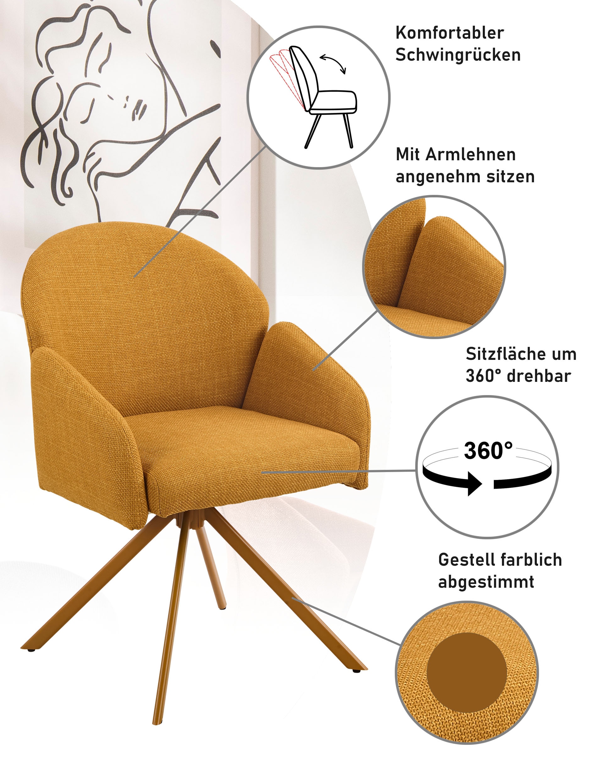 HELA Armlehnstuhl »HOLLY« (Set) 1 Stk.360° drehbar, Armlehnen, Gestell angepasst, Swing Back Komfortrücken