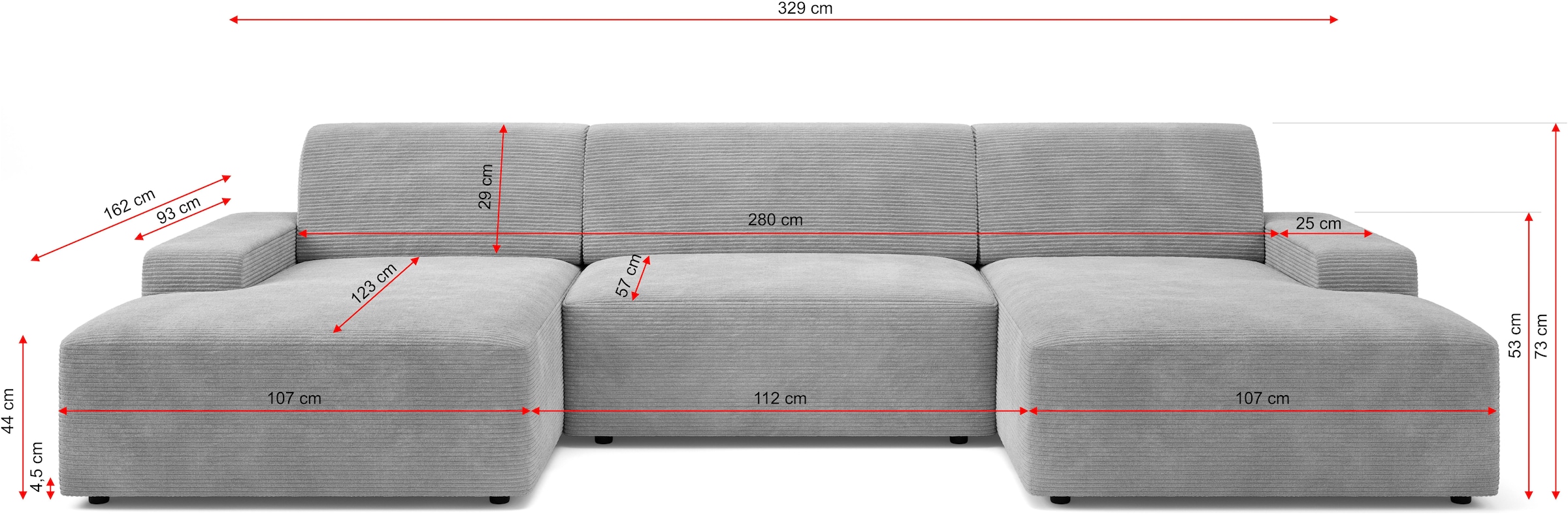 TRENDMANUFAKTUR Wohnlandschaft »Wien, wahlweise mit Sitzvorschub und Bettkasten, Breite 329 cm« U-Form, in trendigem Cordstoff