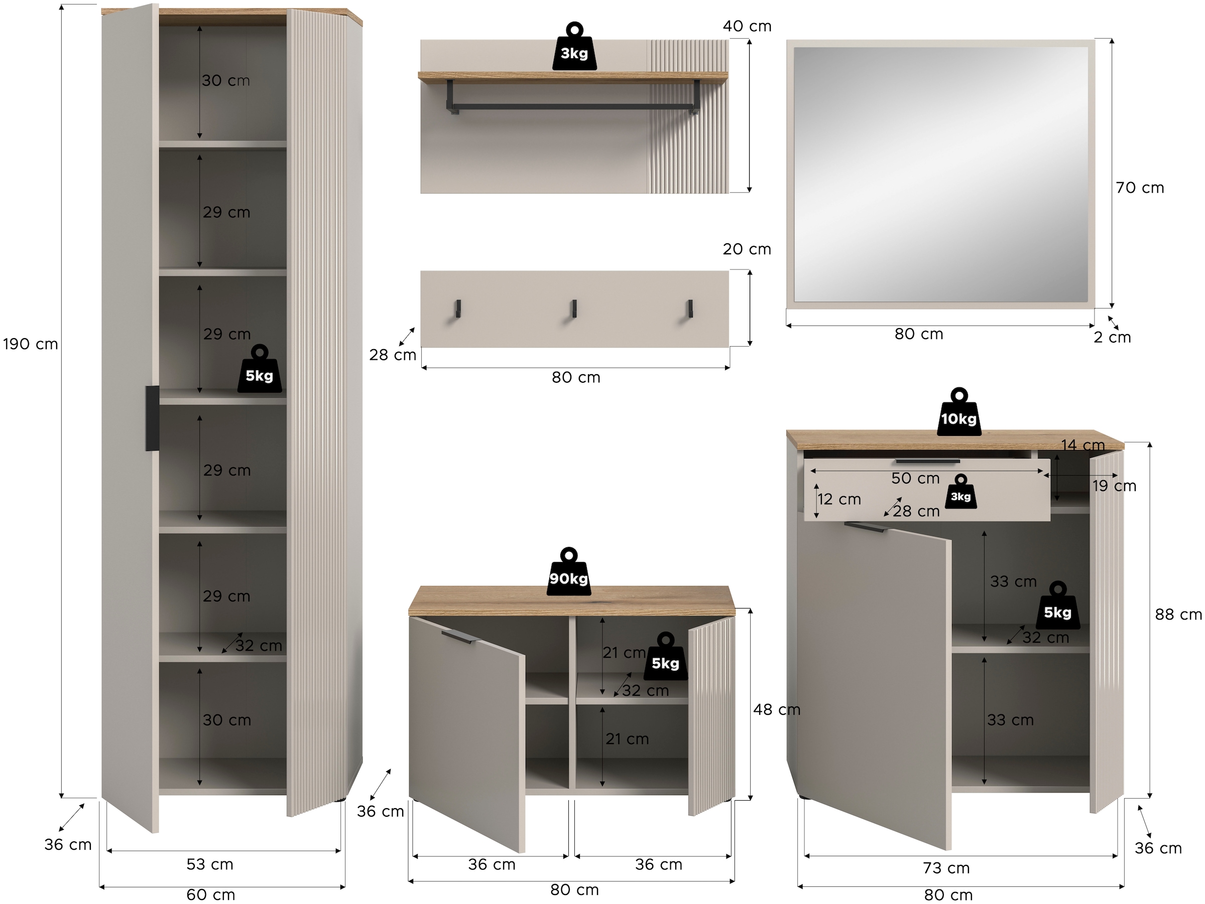 INOSIGN Ensemble de vestiaires »EDIL, Breite 250 cm, 6-teilig, Front mit hochwertiger Längstfräsung« Set, Hochschrank, Sitzbank, Paneel, Hakenleiste, Kommode & Spiegel, 5 cuis tlg.