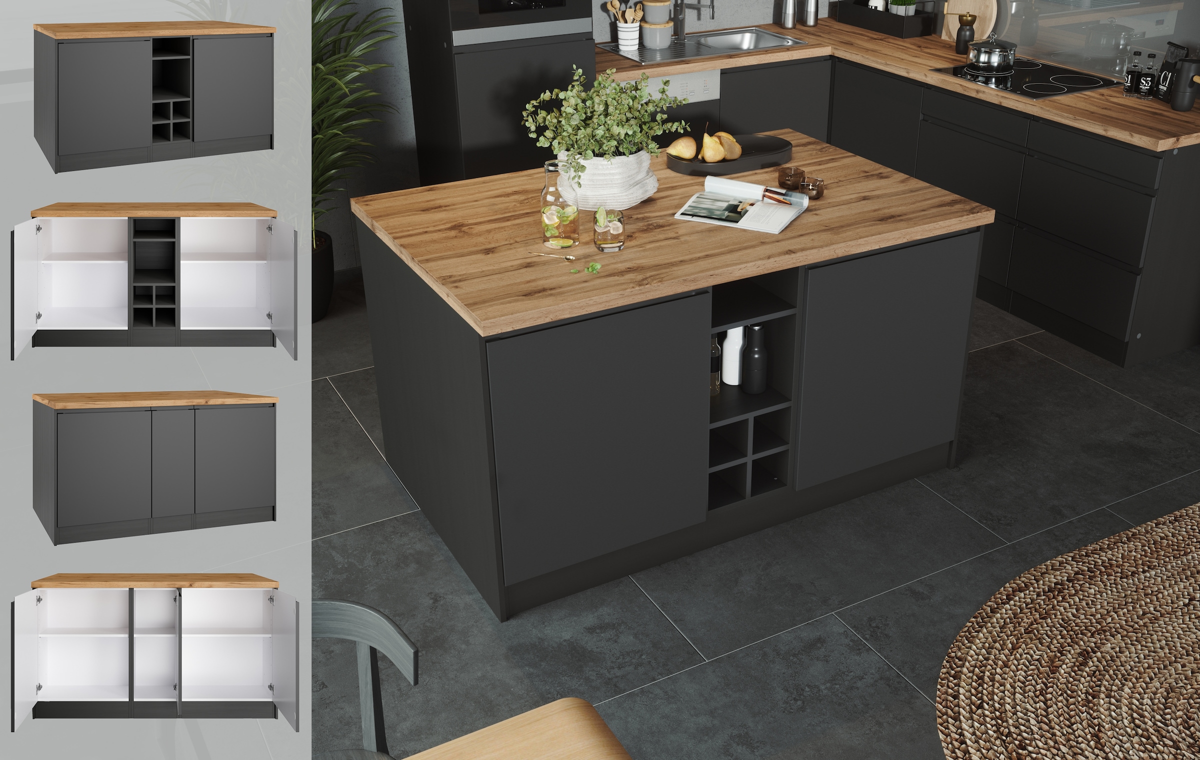 KOCHSTATION Kücheninsel »KS-Bruneck, Breite 153 cm« MDF-Fronten, Arbeitsplatte 38mm stark