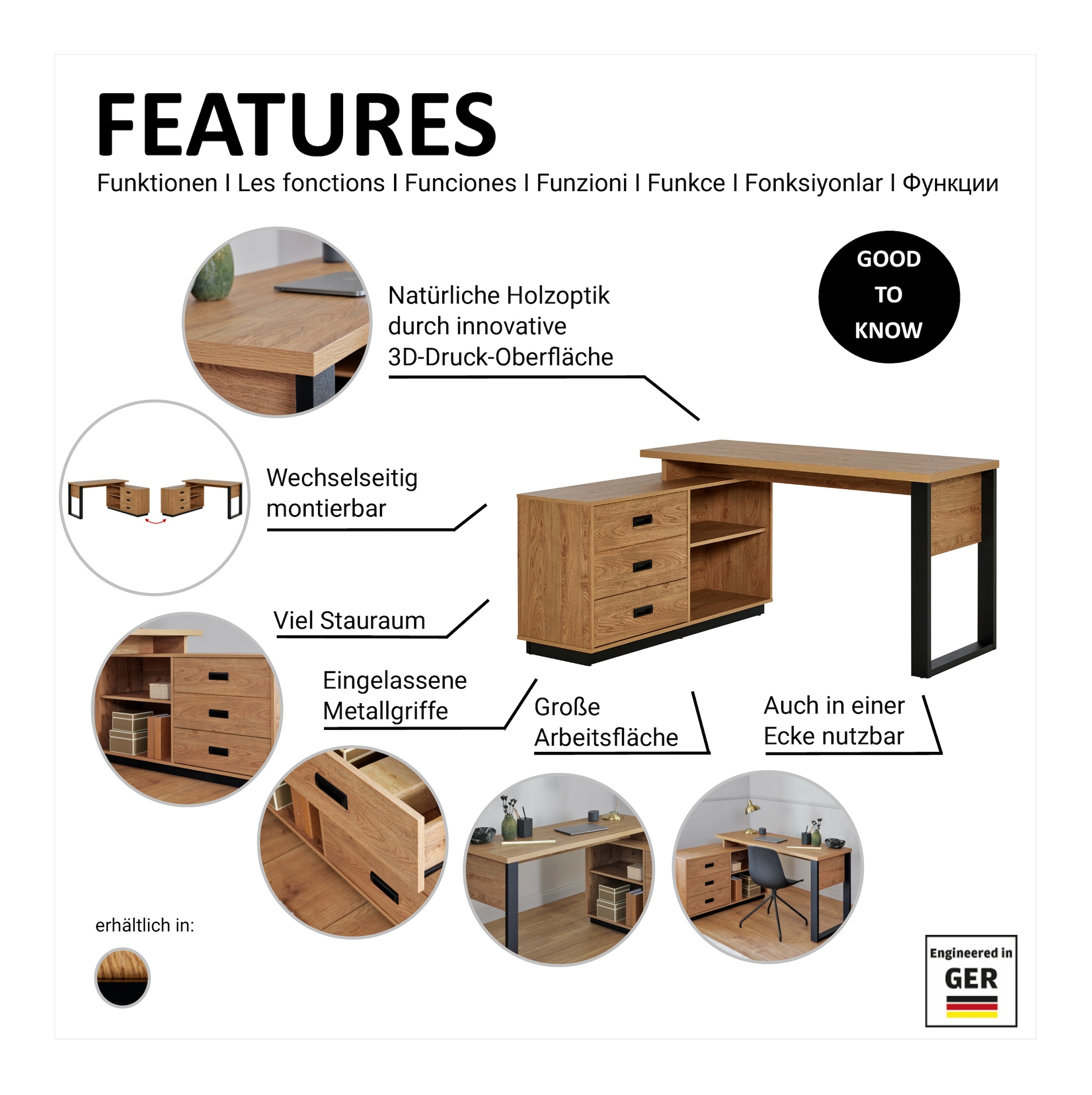 Jahnke Bureau d'angle »RIVA C 150 E« 1 cuis tlg. montage réversible, espace de rangement & passage de câbles, largeur 150 cm