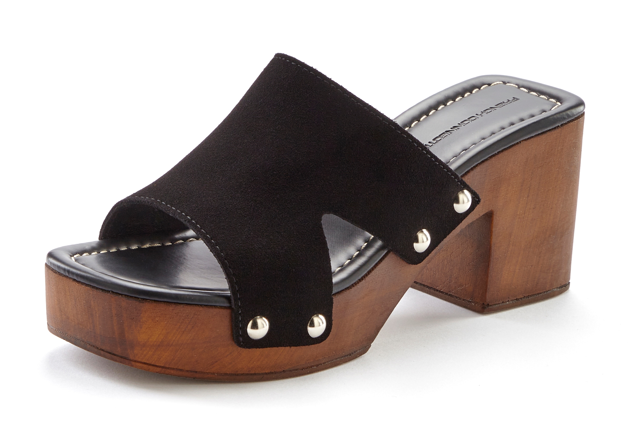 French Connection Pantolette, Mule, Sandale, offener Schuh aus Leder mit Blockabsatz