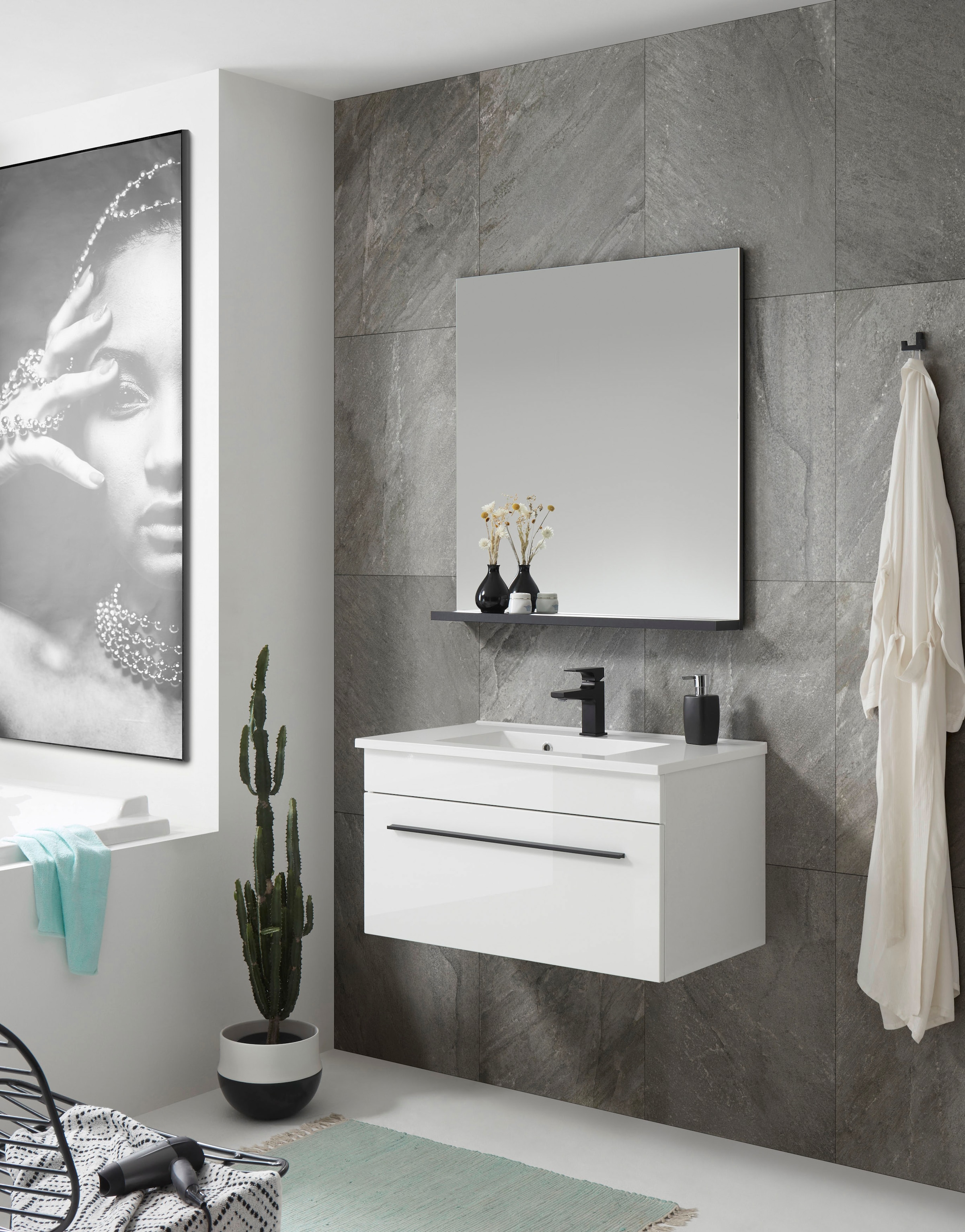 INOSIGN Badmöbel-Set »Cantara, Bad im modernen Design, 2-teiliges Badezimmer«, (Set, 2 St.), Waschtisch und Spiegel, in Weiss Hochglanz, viel Stauraum