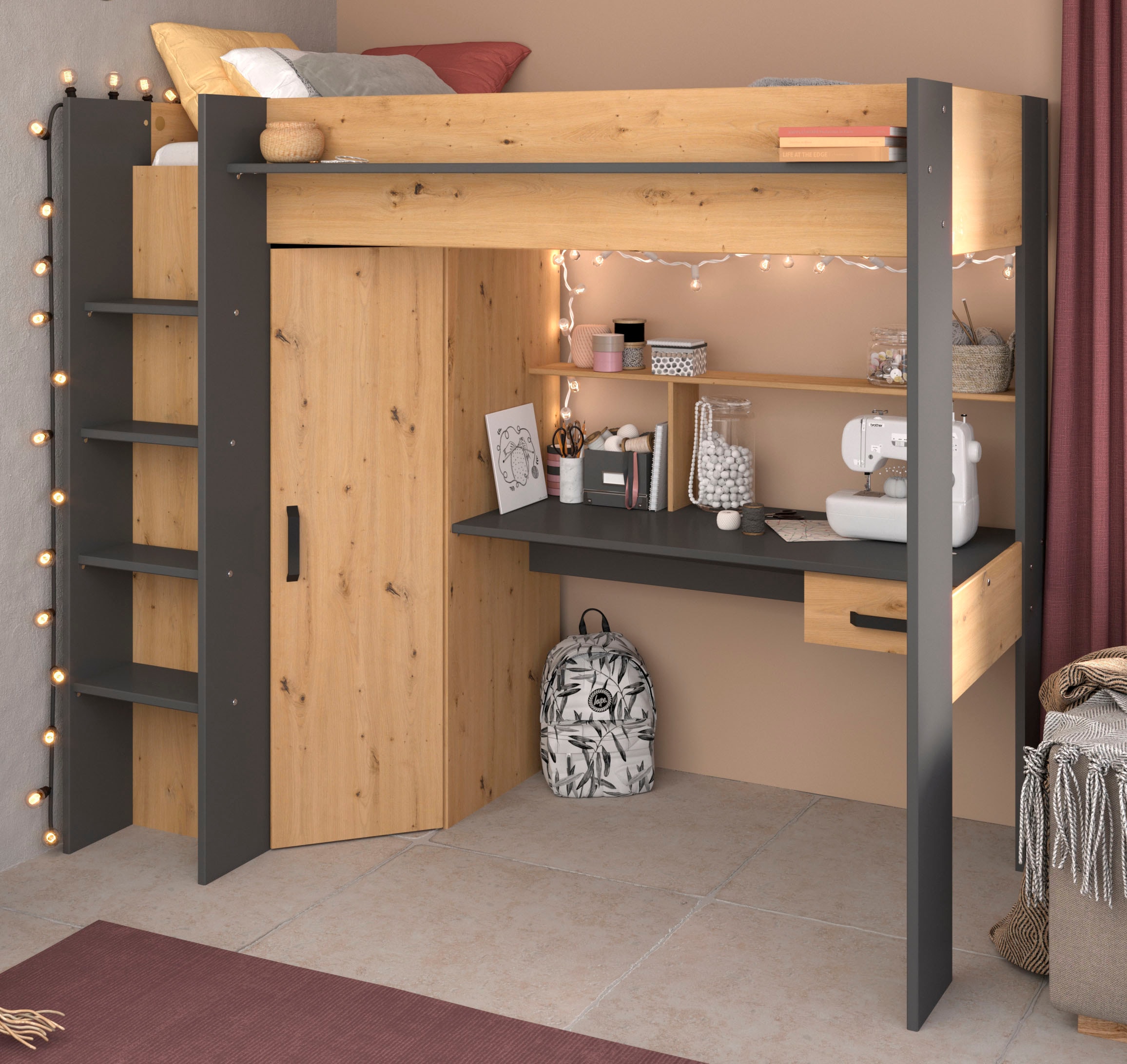 Parisot Hochbett »Heavy«, ALL-IN-ONE, mit Kleiderschrank, Schreibtisch, Leiter, Stauraum