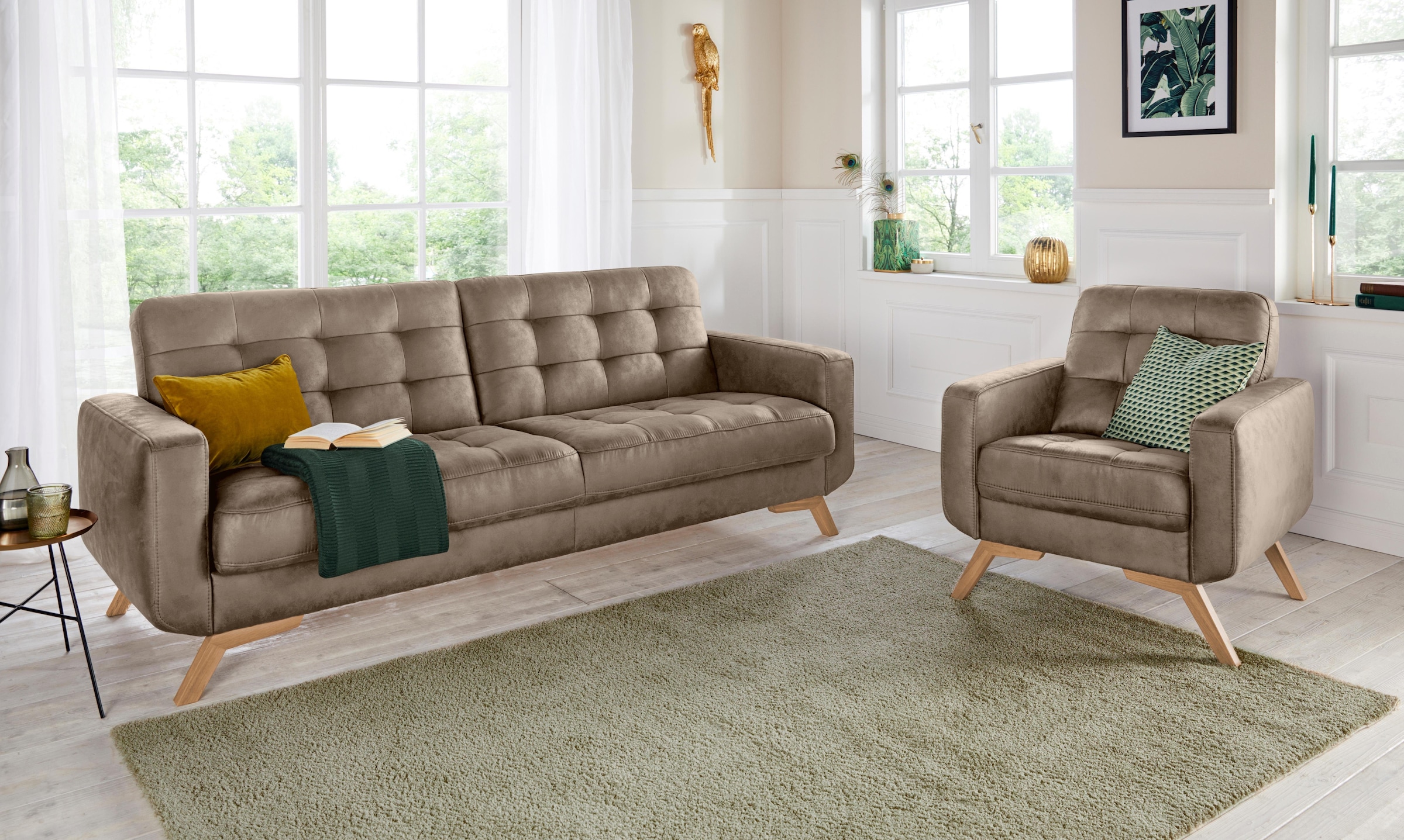 exxpo - sofa fashion 3-Sitzer »Fiord, aktuelles Design, tolle Detailverarbeitung im Sitz und Rücken«, bequem, wahlweise Kippcouch mit Bettfunktion und Bettkasten, Holzfuss