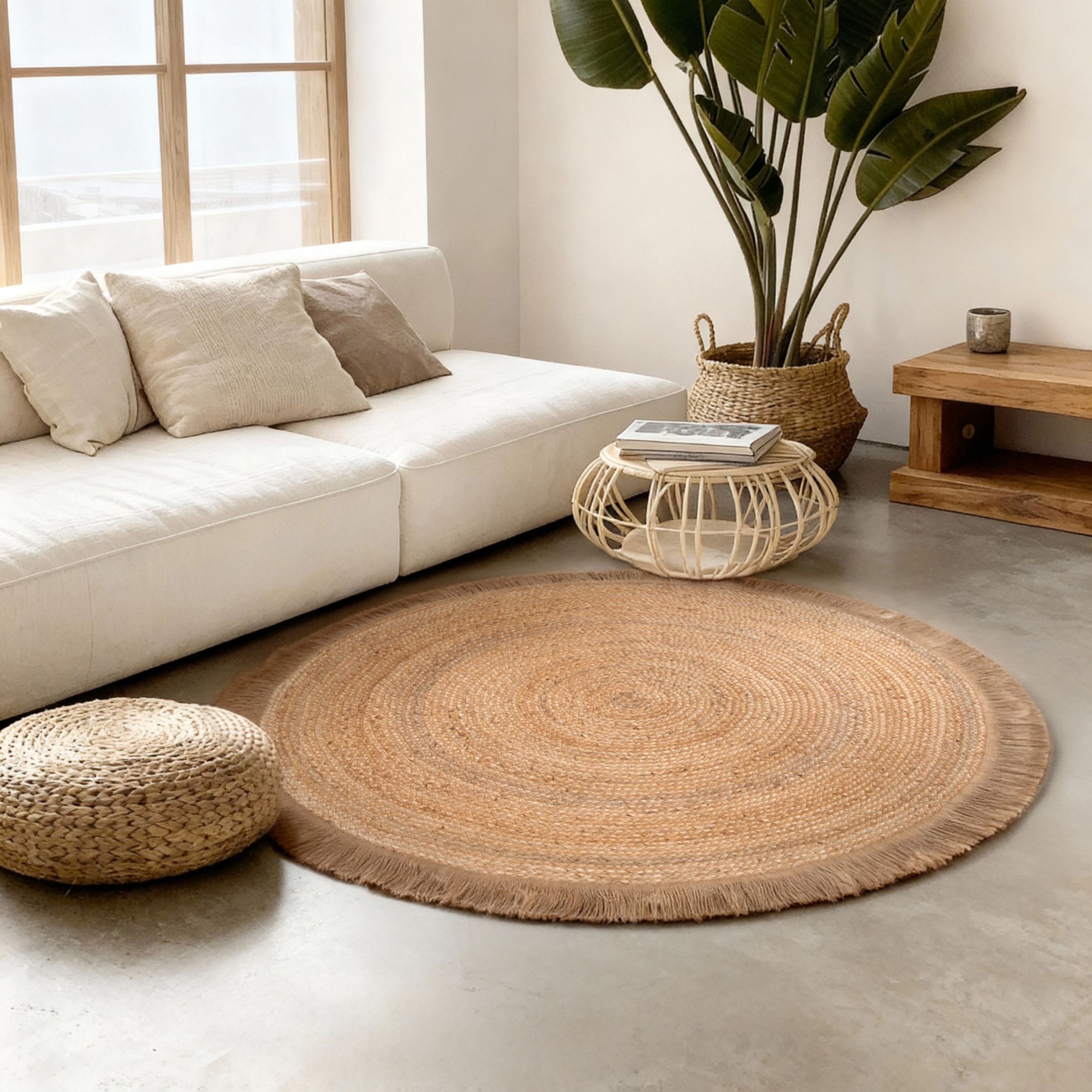 Image of HANSE Home Teppich "Nuru" rund 7 mm Höhe Jute, Handgemacht, Rund, Fransen, Wohnzimmerteppich, Naturteppich