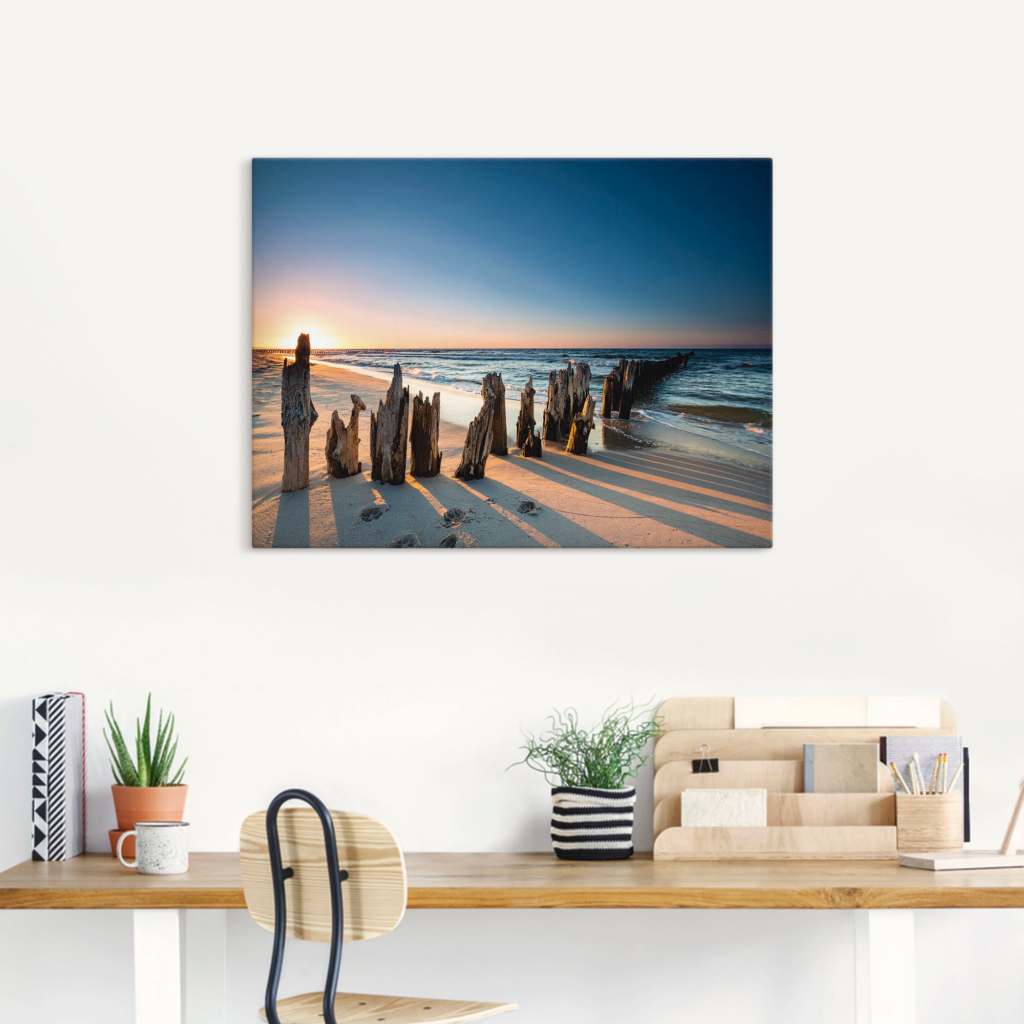Artland Wandbild »Sonnenuntergang Strand Wellenbrecher«, Meer Bilder, (1 St.), als Alubild, Outdoorbild, Leinwandbild, Poster, Wandaufkleber