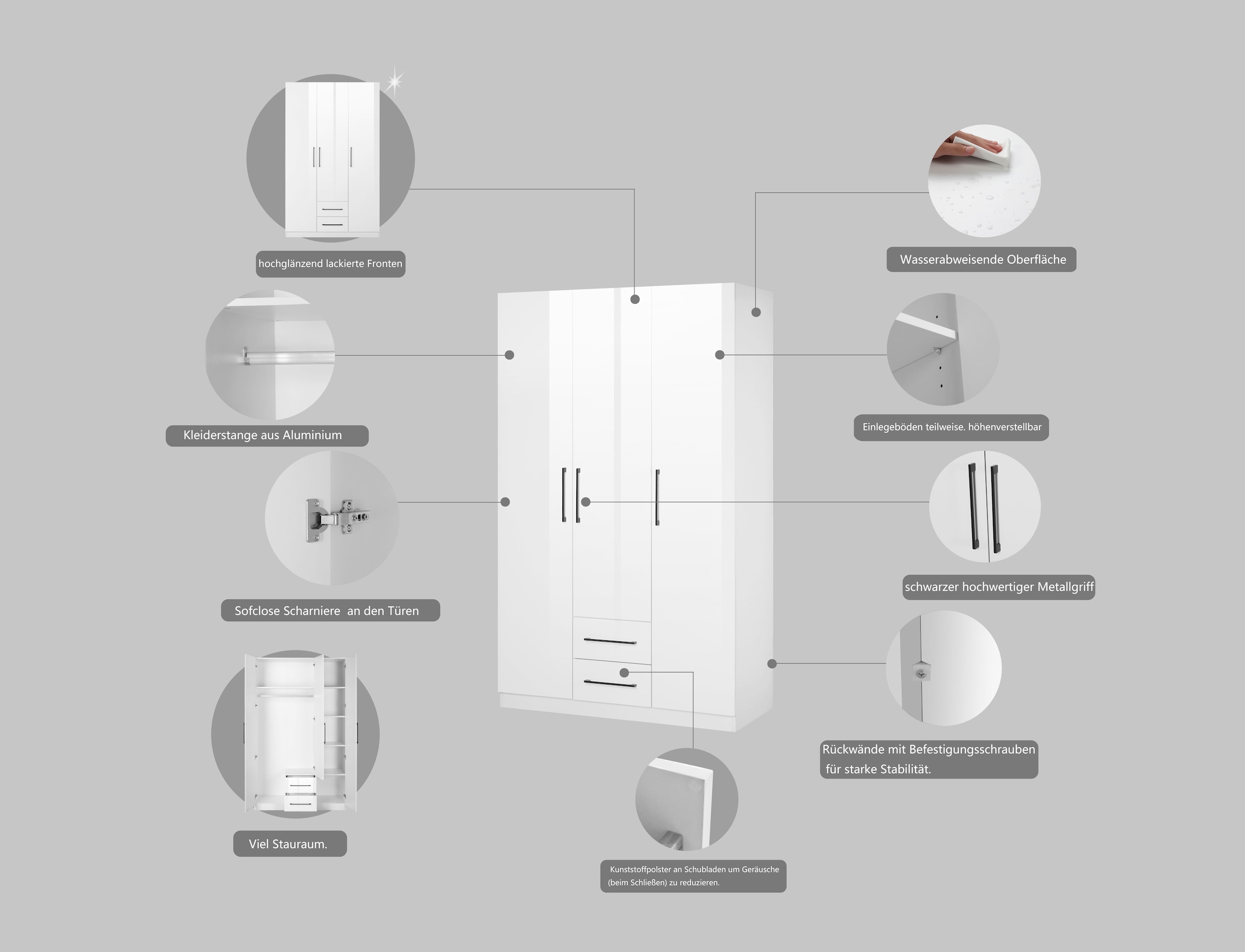 INOSIGN Kleiderschrank »Sylt Schlafzimmerschrank Garderobe Schrank Bestseller hochglanz«, Drehtürenschrank mit perfekter Innenausstattung, Breite 120cm