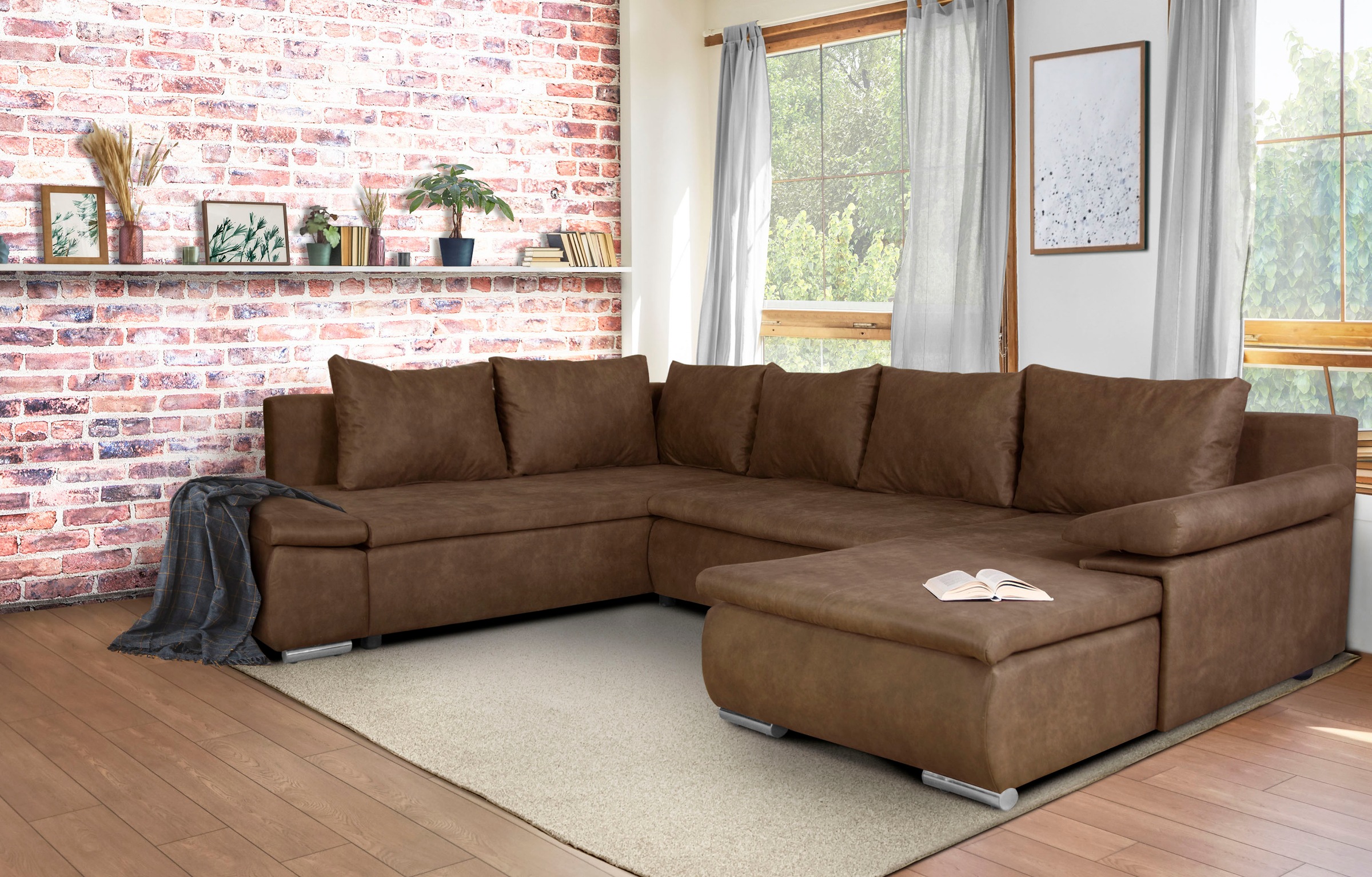 Home affaire Wohnlandschaft »Acra U-Form« mit Bettfunktion und Bettkasten, in Mattenoptik