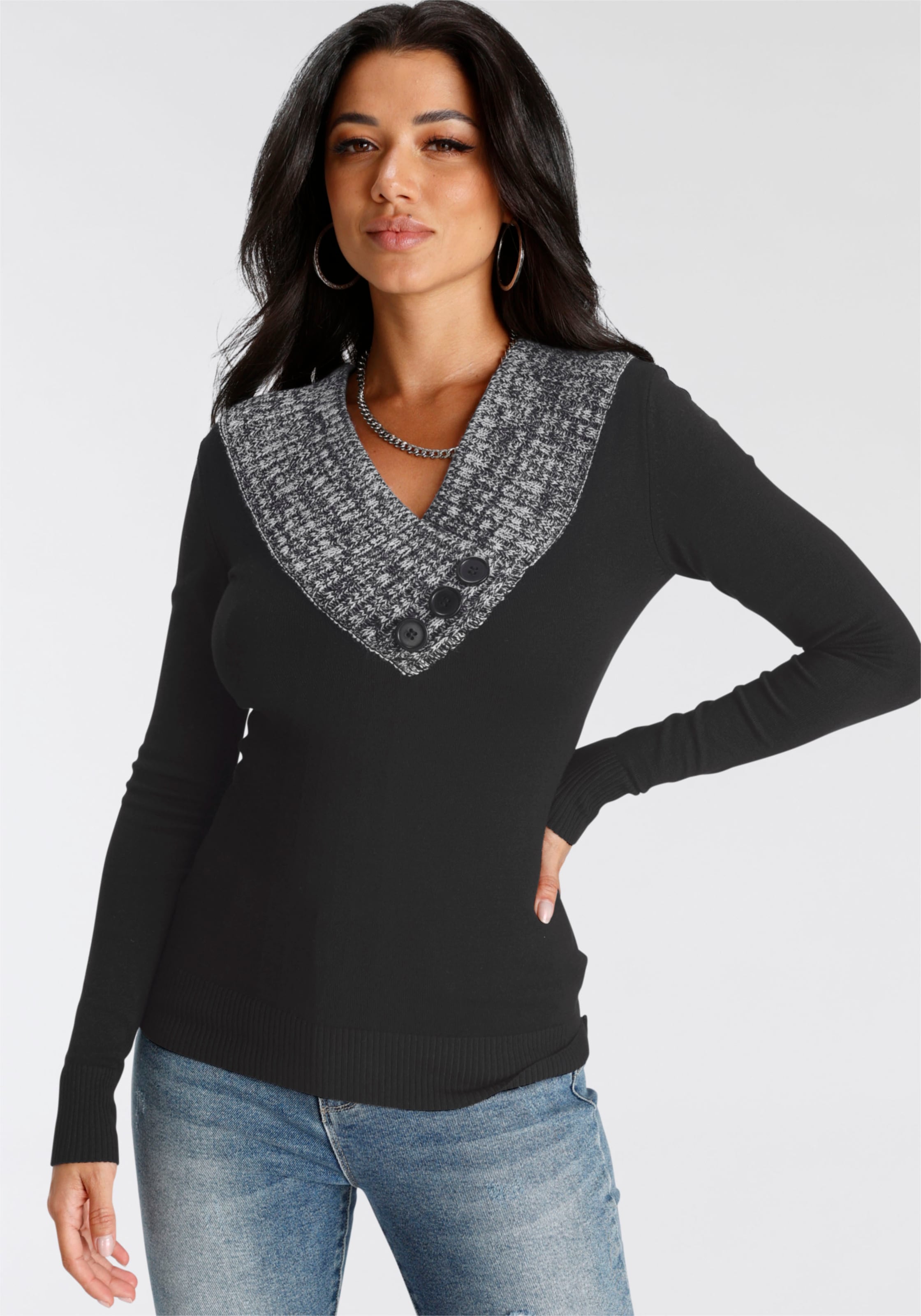 Image of Melrose Strickpullover mit Kontrastkragen und Zierknöpfen