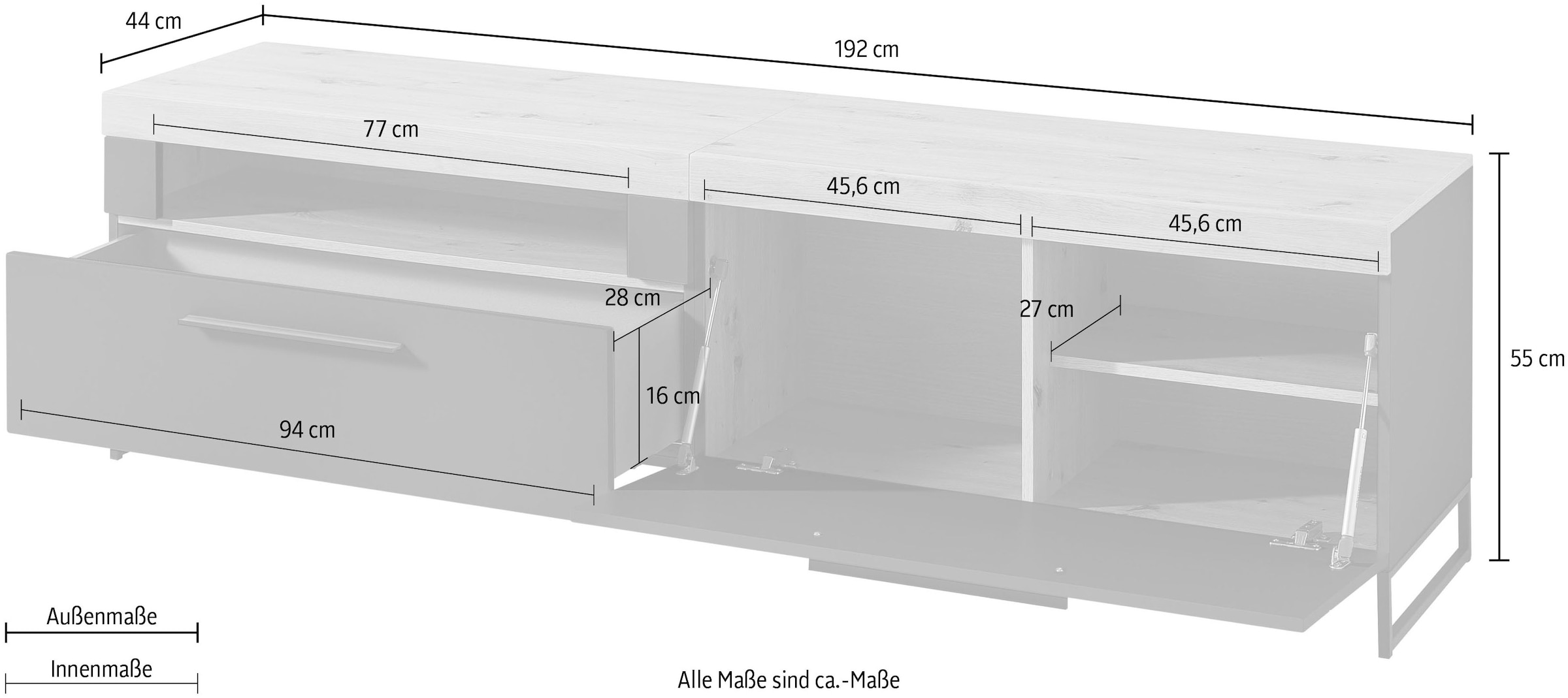 Innostyle Lowboard »Loft Two«, Breite 192 cm, 1 Klappe, 1 offenes Fach, 1 Schubkasten