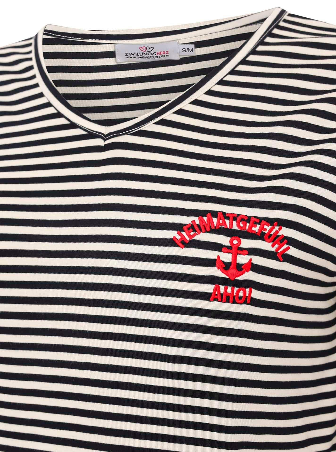 Zwillingsherz T-Shirt »"Heimatgefühl"« V-Neck, gestreift, kleines Motiv gestickt mit Anker