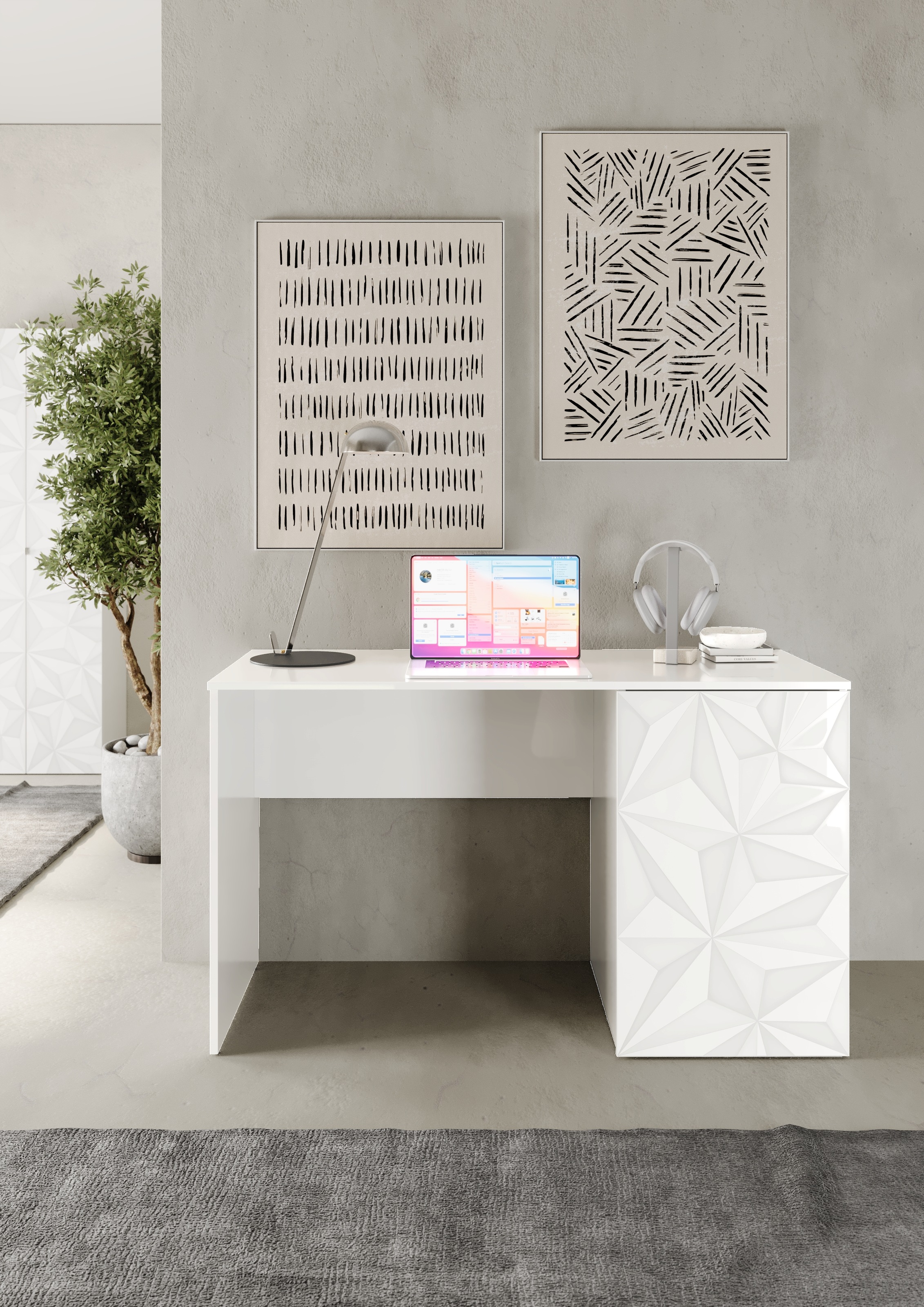 INOSIGN Schreibtisch »Prisma, Breite 120 cm, Tiefe 50 cm, mit Stauraum (1 Tür - 2 Fächer),« Computertisch, Arbeitstisch, Schminktisch, Tür mit Siebdruck