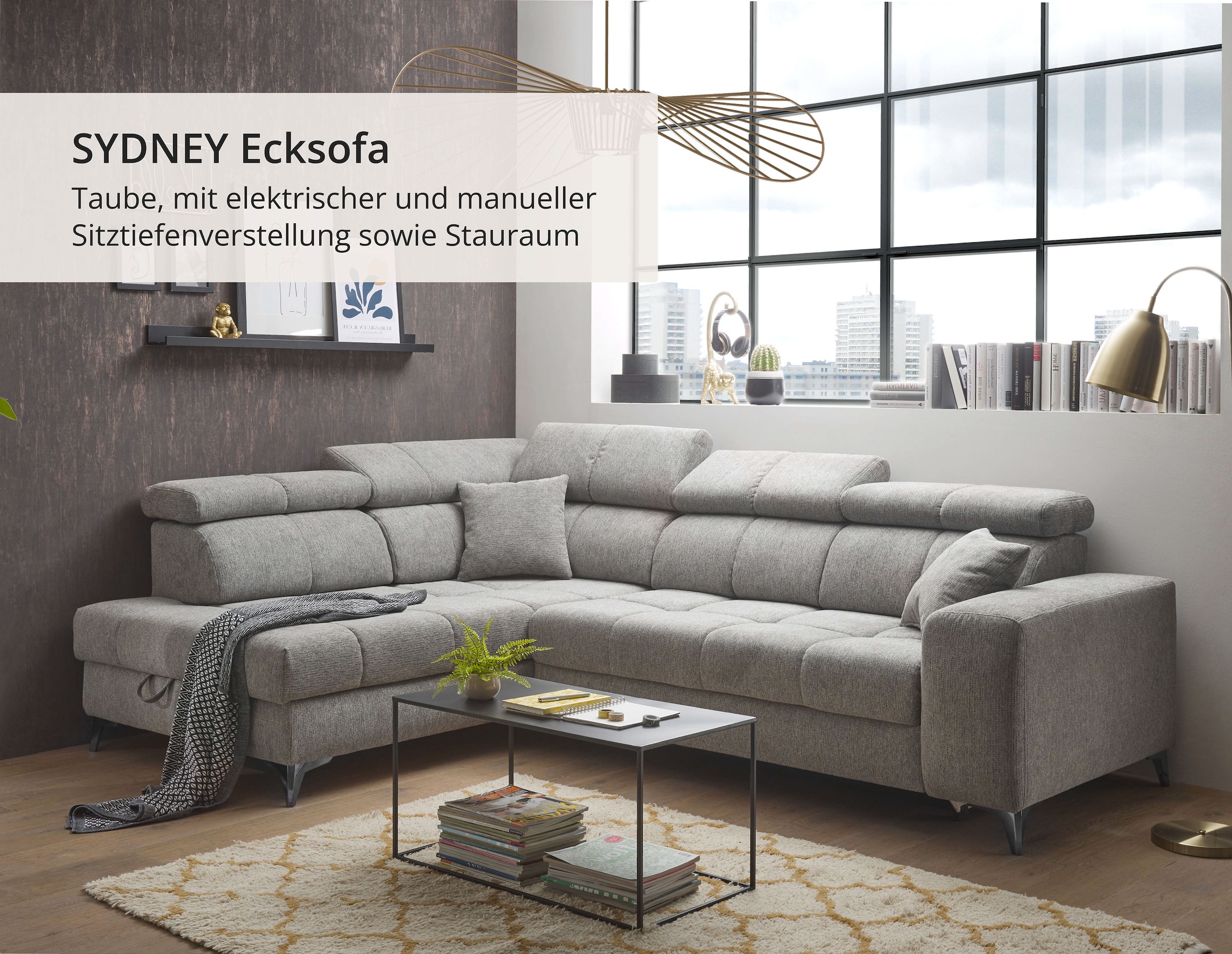 ED EXCITING DESIGN Ecksofa »Sydney L-Form« motorischer Sitztiefenverstellung, USB-Port & 2 Zierkissen