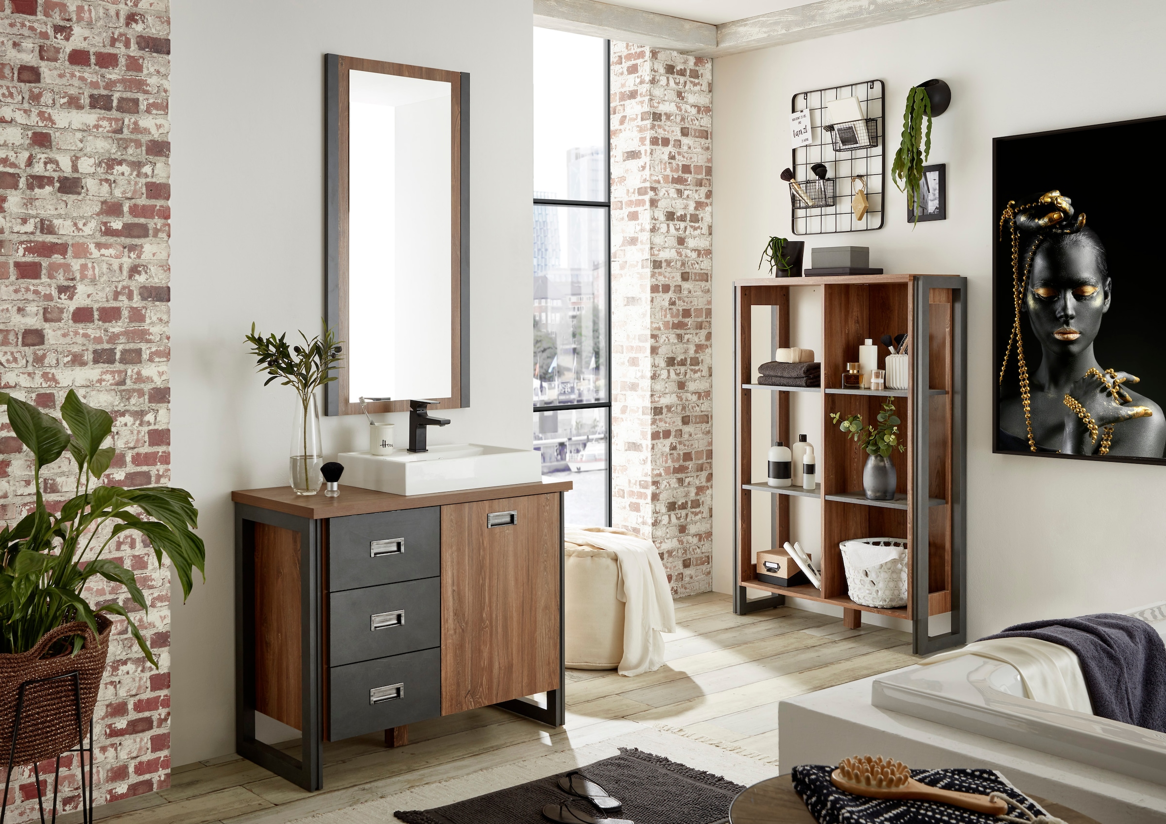 Home affaire Badmöbel-Set »Detroit, Bad im Industrialdesign, 3-teiliges Badezimmer«, (Set, 3 St.), Waschtisch, Regal & Spiegel, inkl. Aufsatzwaschbecken aus Mineralguss
