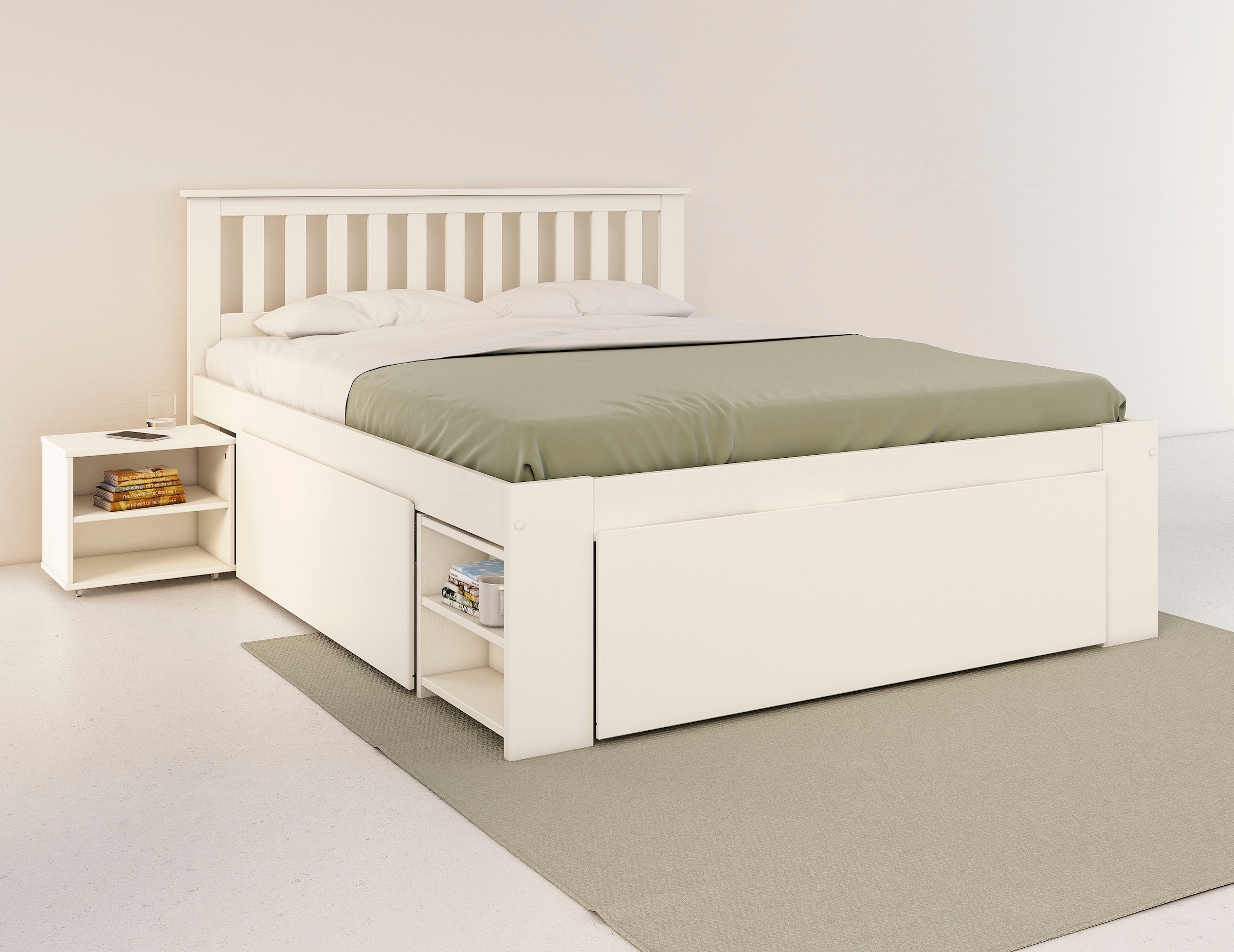 GOODproduct Massivholzbett »Kallvin, platzsparend, 3 Bettkästen, Nachtschränke ausziehbar« inklusive Lattenrost, ideal fürs Jugendzimmer und kleine Räume, FSC®