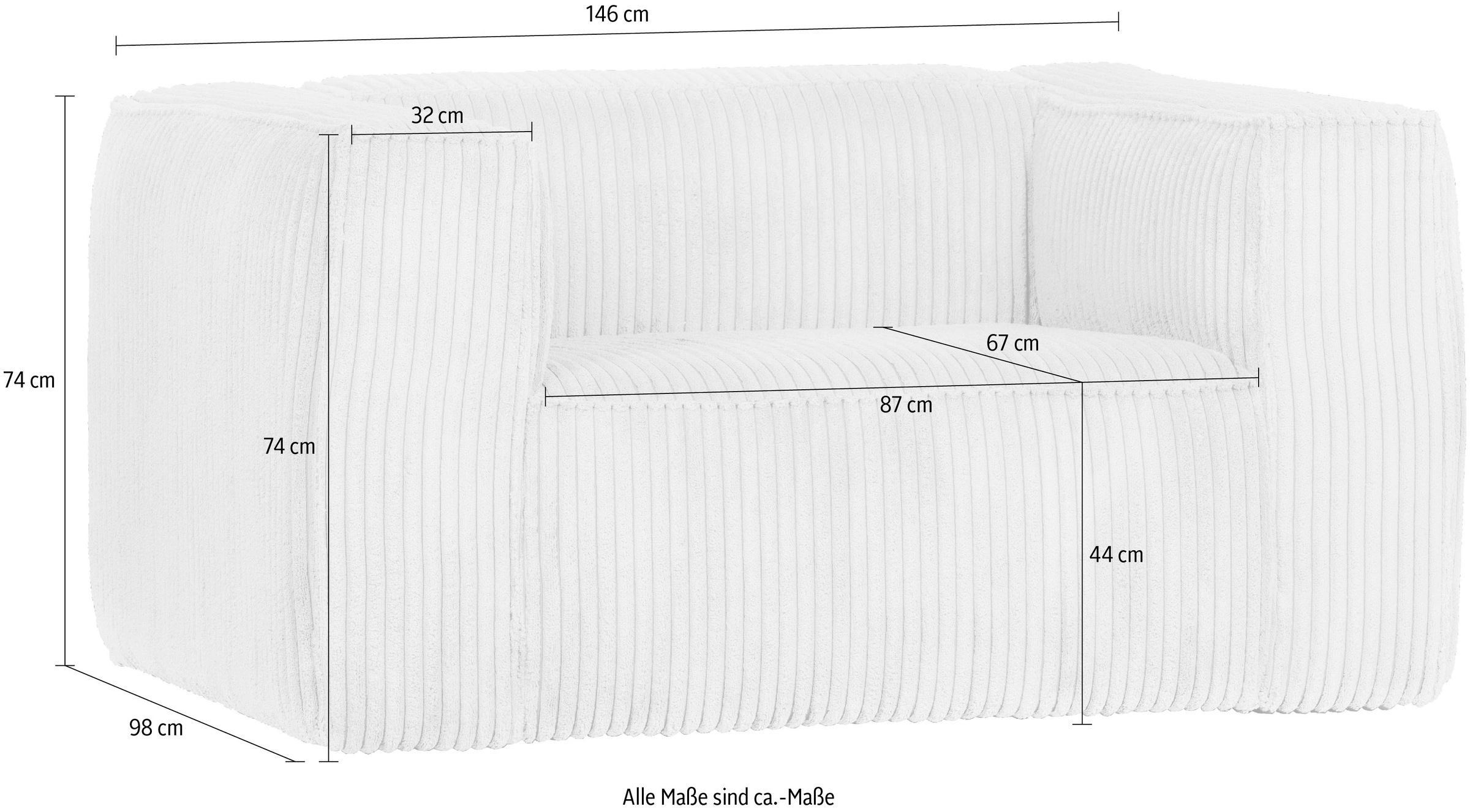 WOOOD Loungesessel »Bean mit Split-Rippenbezug und Armlehnen B 146 x T 98 x H 74 cm« Hohe Verschleissfestigkeit, Teflon-Imprägnierung, Tragkraft 100 kg