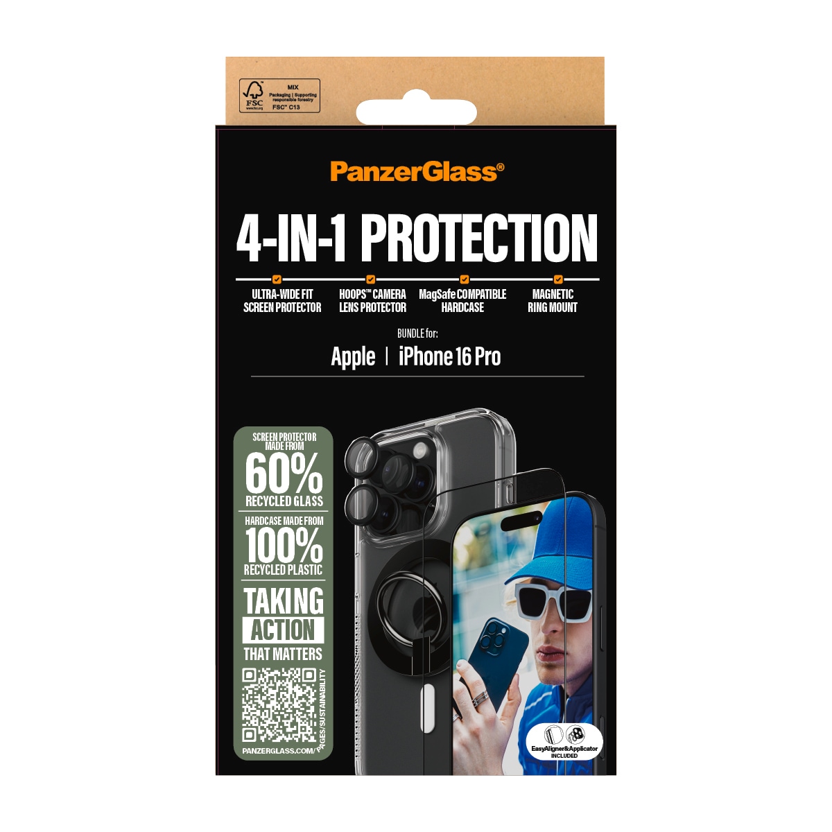 PanzerGlass Displayschutzglas »4-in-1 Protection, Glass, Hoops, Case, Ring Mount«, für Apple iPhone 16 Pro, Displayschutzfolie, Schutzfolie, Bildschirmschutz, kratz- & stossfest