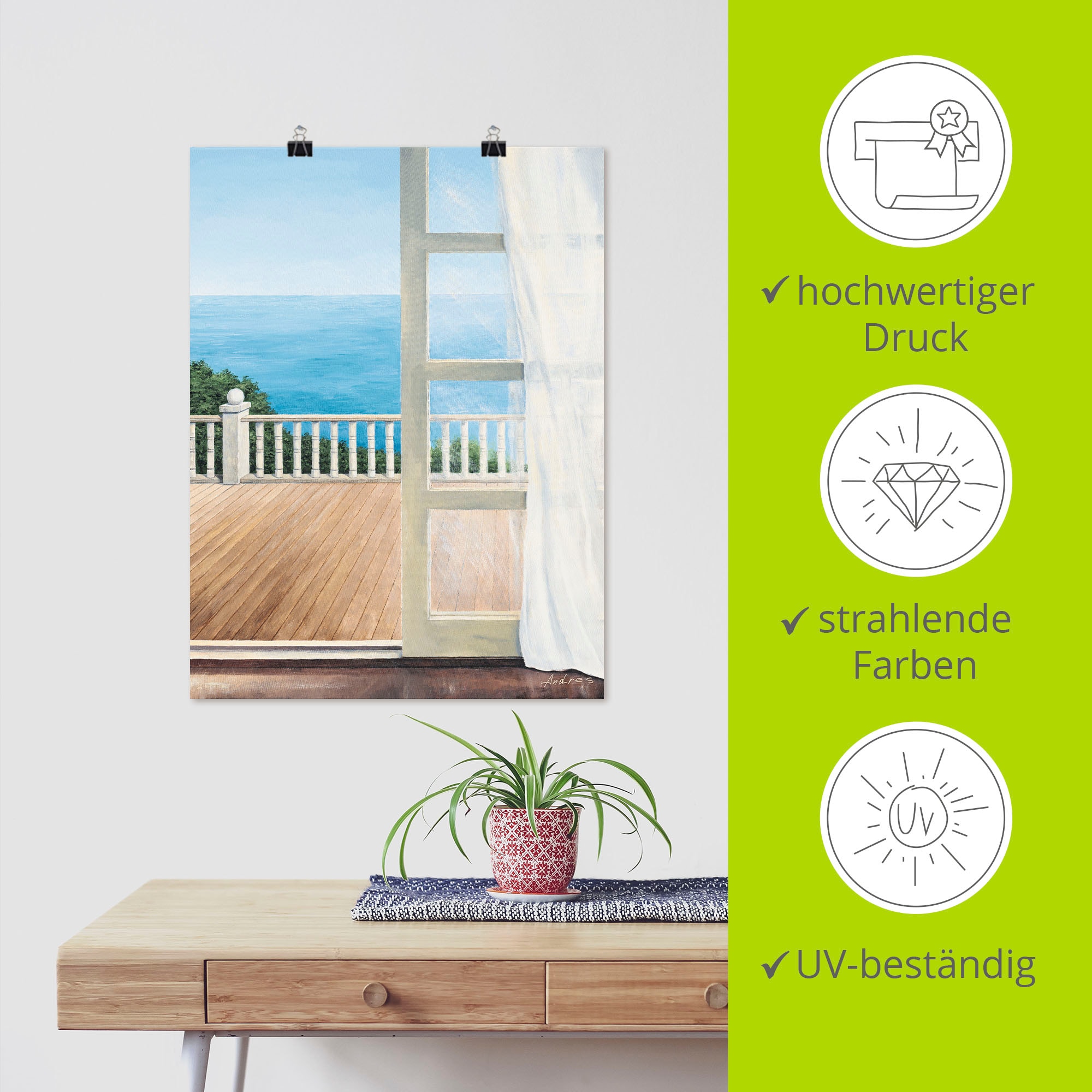 Artland Poster »Veranda mit Meerblick« Fensterblick 1 Stk. tlg. auf Keilrahmen gespannt