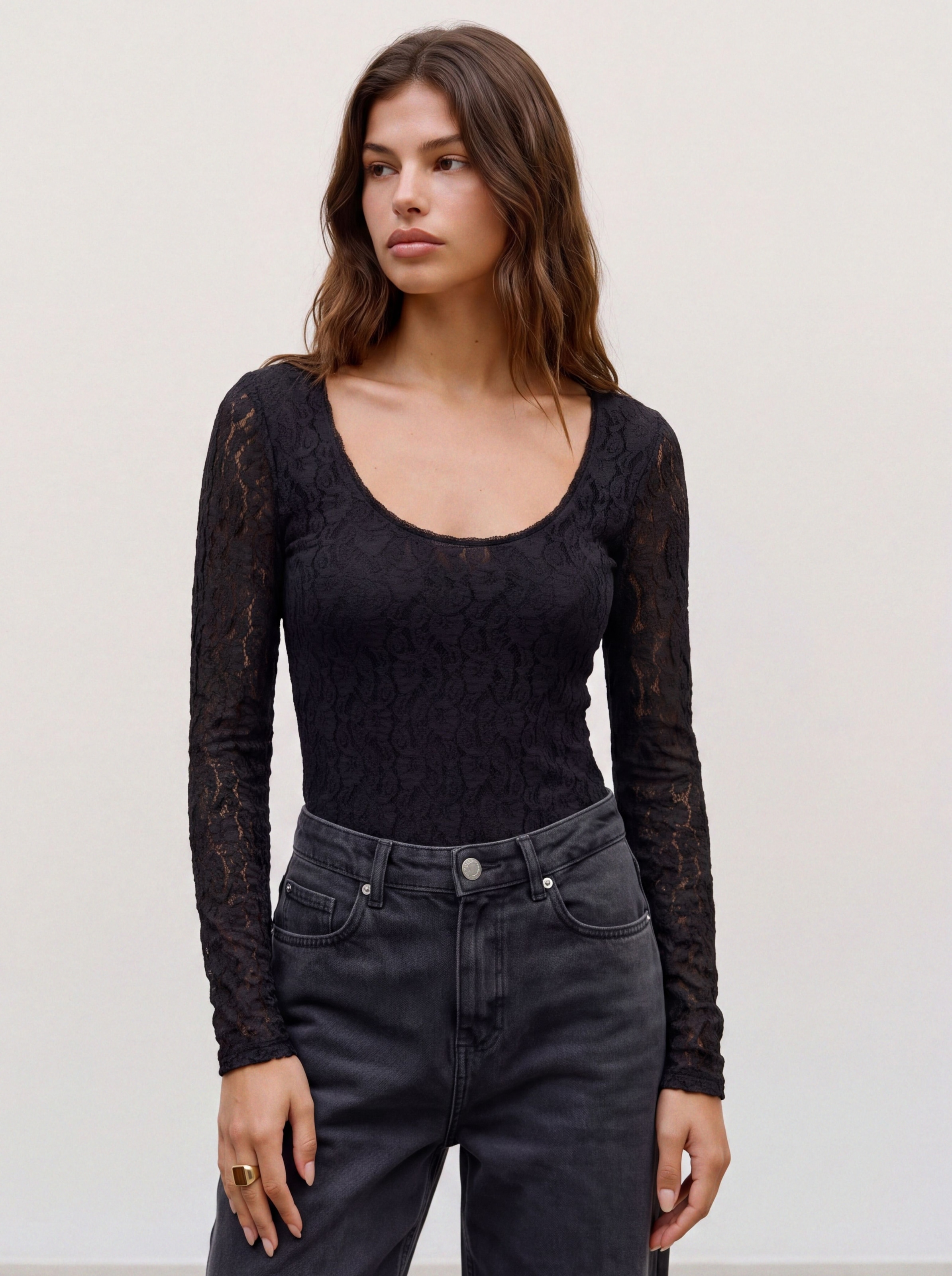 Image of Vero Moda Langarmshirt "VMFLORA LS 2-WAY LACE TOP JRS NOOS" Materialmix, slim fit