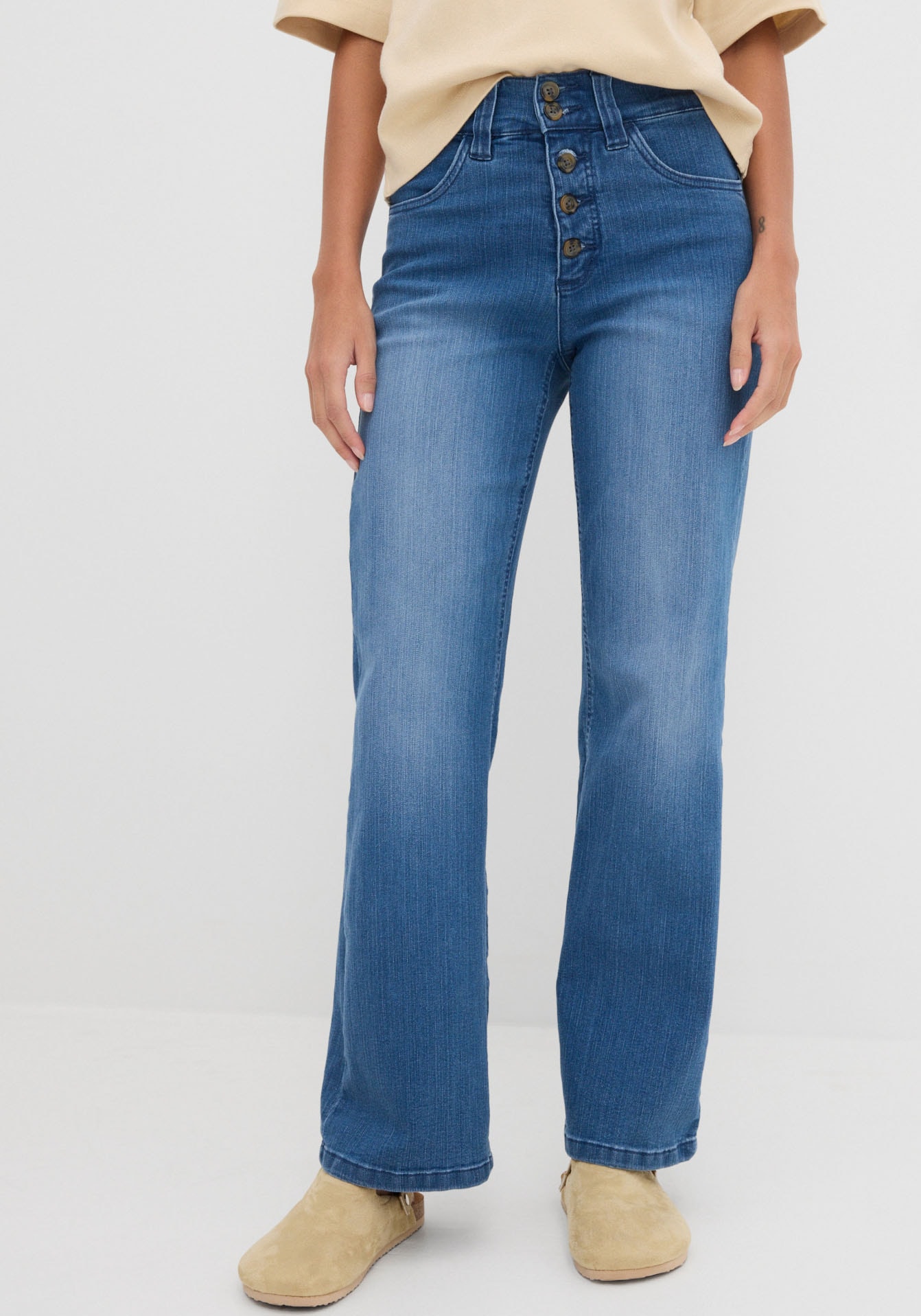 Image of bonprix Straight-Jeans "Straight-Jeans High Waist, Stretch" Regular Fit, mit Elasthan-Anteil, mit 5-Knopf-Form