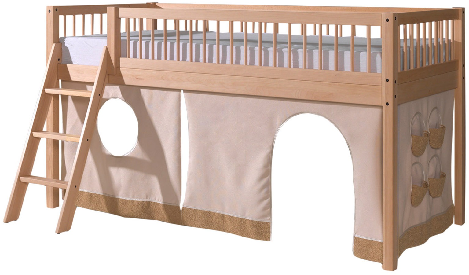Image of Vipack Spielbett "Forrest mit hochwertiger und stabiler Verarbeitung, Made in Europe" halbhohes Bett inkl. Lattenrost, 90/200 cm, Rausfallschutz und Leiter, Ausf. Buche massiv natur, inkl. Textilvorhang 3-tlg.