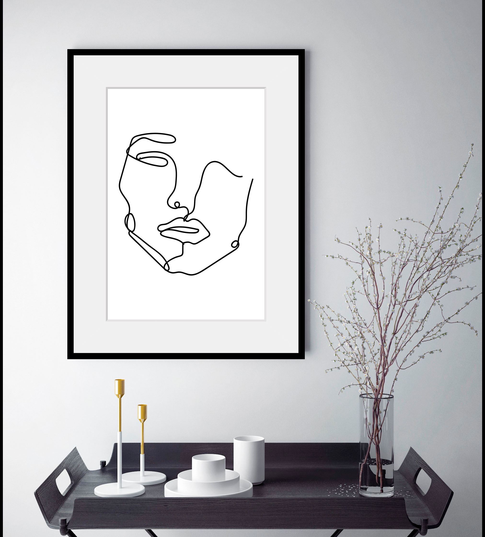 Image of queence Bild "Sandy" Frau Gesicht Kunst Schwarz-Weiss 1 Stk. tlg. HD Premium Poster-Druck inkl. Holzrahmen