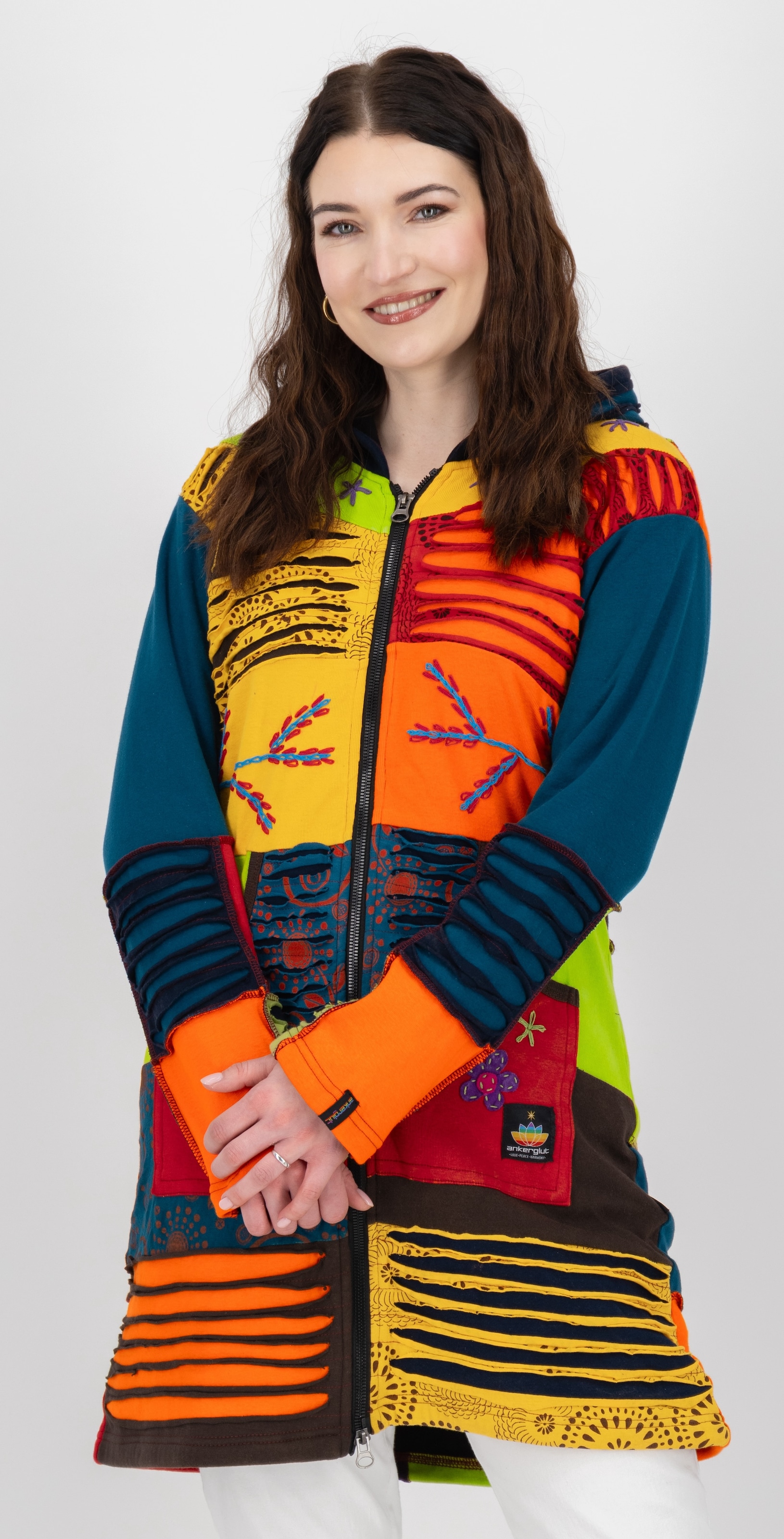 DEPROC Active Fleecejacke »Patchwork NUNAVUT LONG WMN« mit Kapuze auch in Grossen Grössen erhältlich