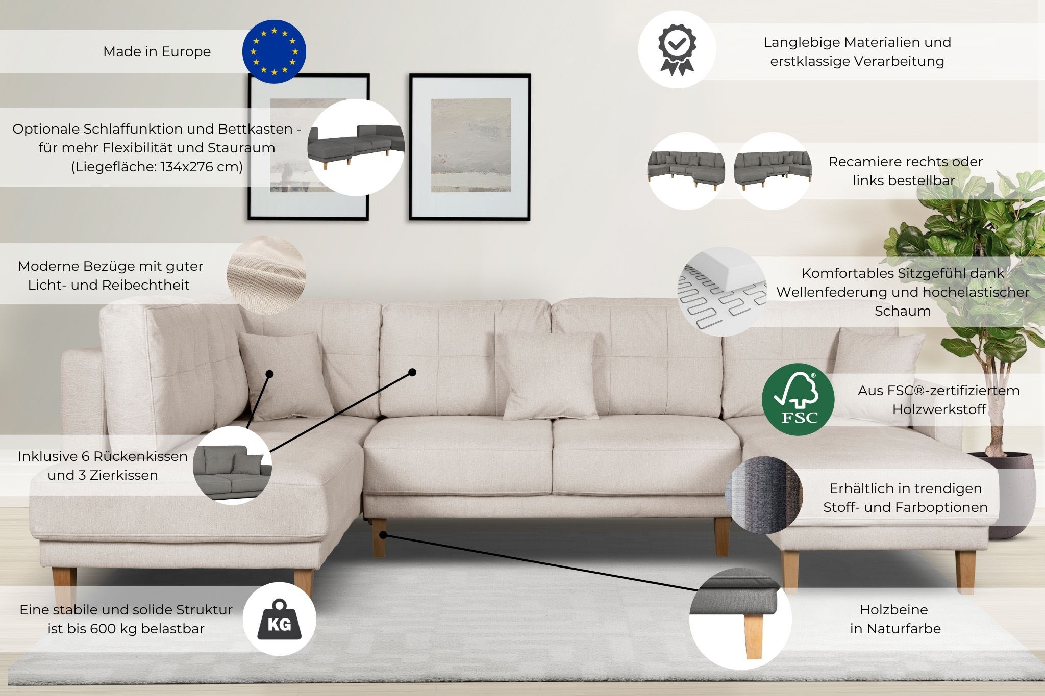 Home affaire Paysage de salon »TRIPLO U-Form wahlweise mit Schlaffunktion, B/T/H: 310/192/90 cm« Schlafsofa, auch mit Bettkasten, Steppung im Rückenkissen
