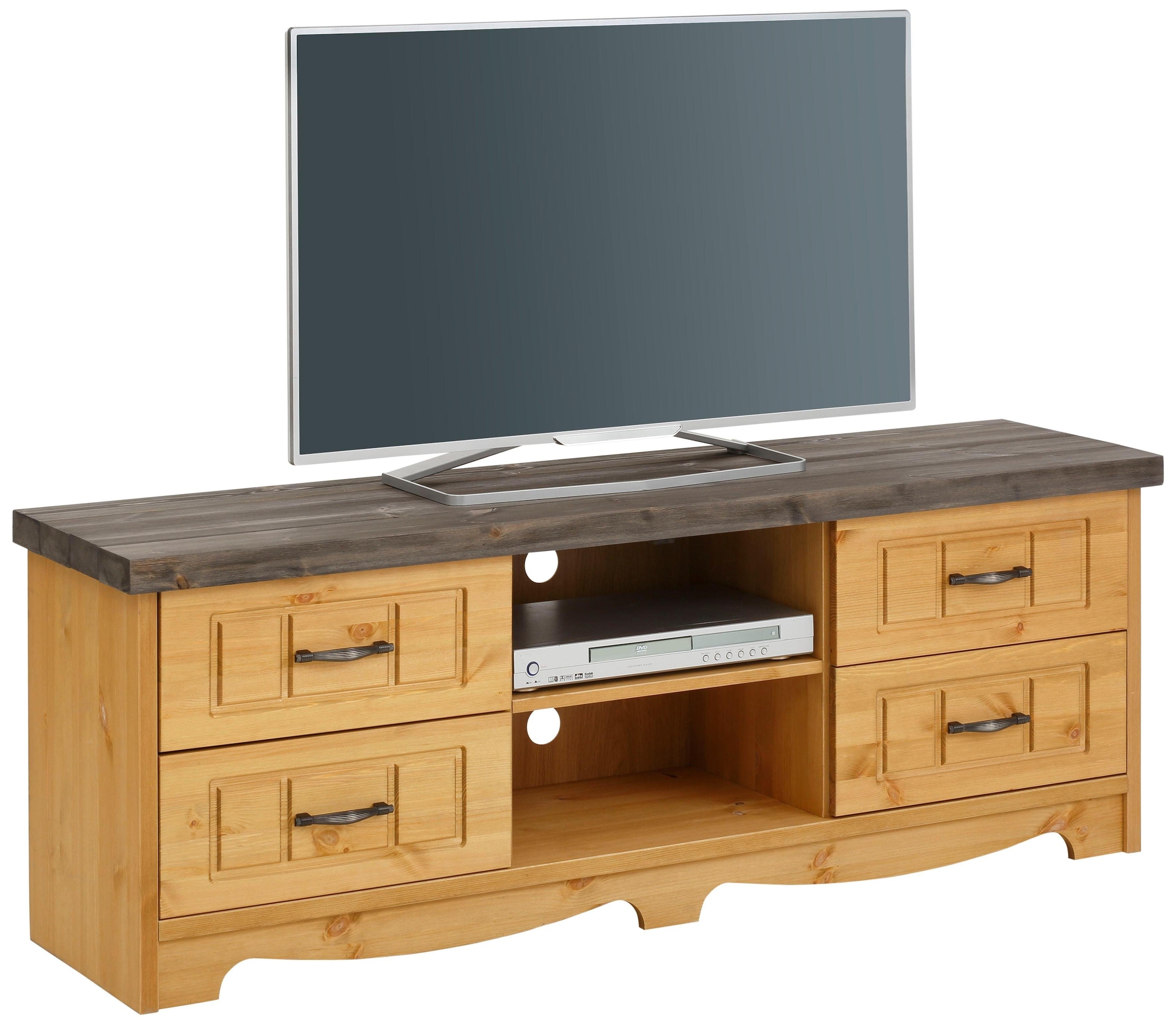 Image of Home affaire Lowboard "Trinidad TV-Board, 2 offene Fächer & 4 Schubladen, Kabeldurchführung" aus massiver Kiefer, mit dekorativer Fräsung und Griffen aus Metall