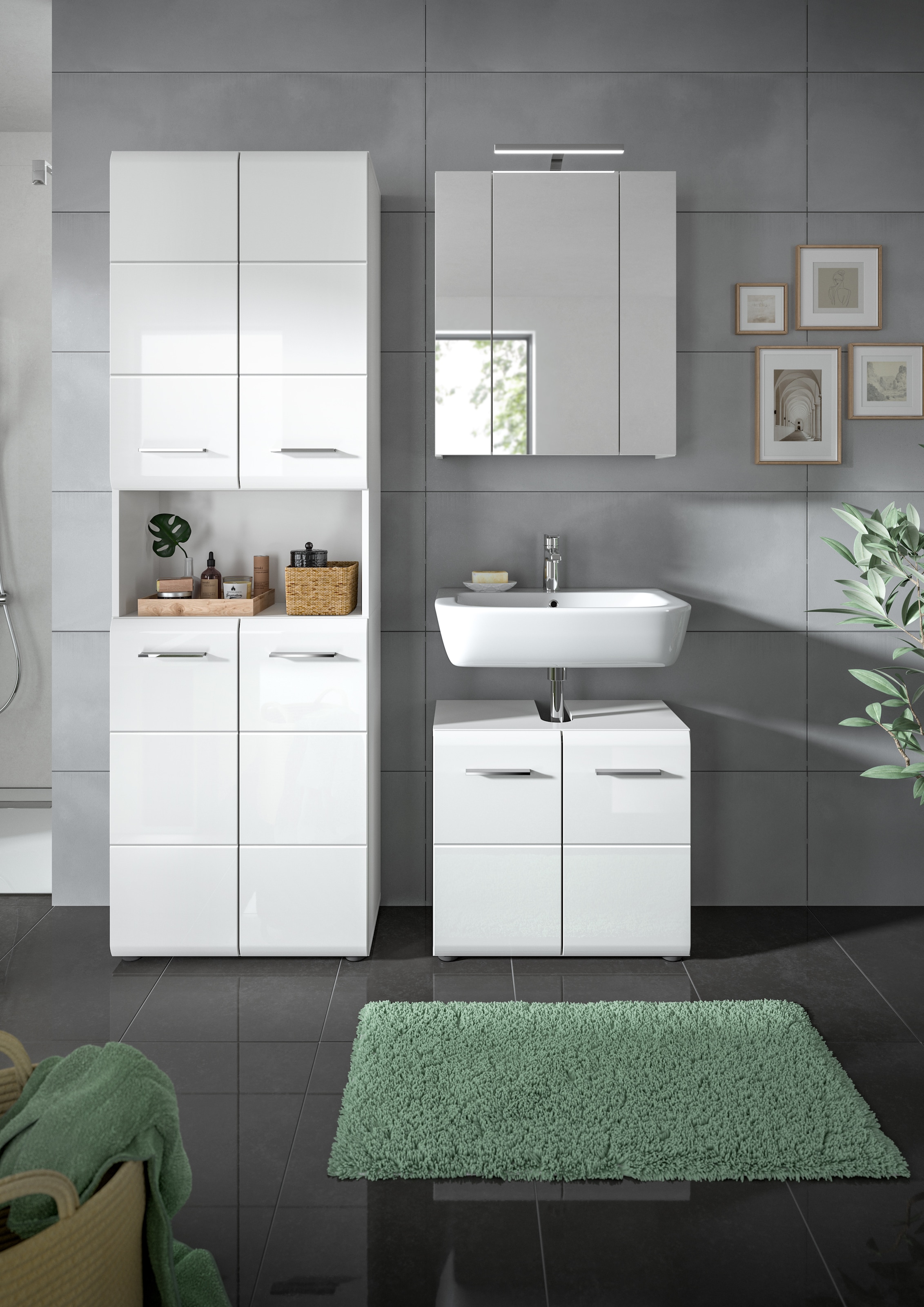INOSIGN Stauraumschrank »FLORENZ, TOPSELLER!, Höhe 185 cm, 4 Türen, 4 Fachböden, 1 offenes Fach«, (1 St.), hochwertige MDF Front, Griff chromglänzend, Badschrank, Bad