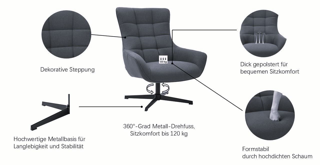 GOODproduct Fauteuil à oreilles »LEMOORE - OTTO. Verlässliche Qualität.« fauteuil relax, fauteuil TV, pivotant à 360°, structure fine