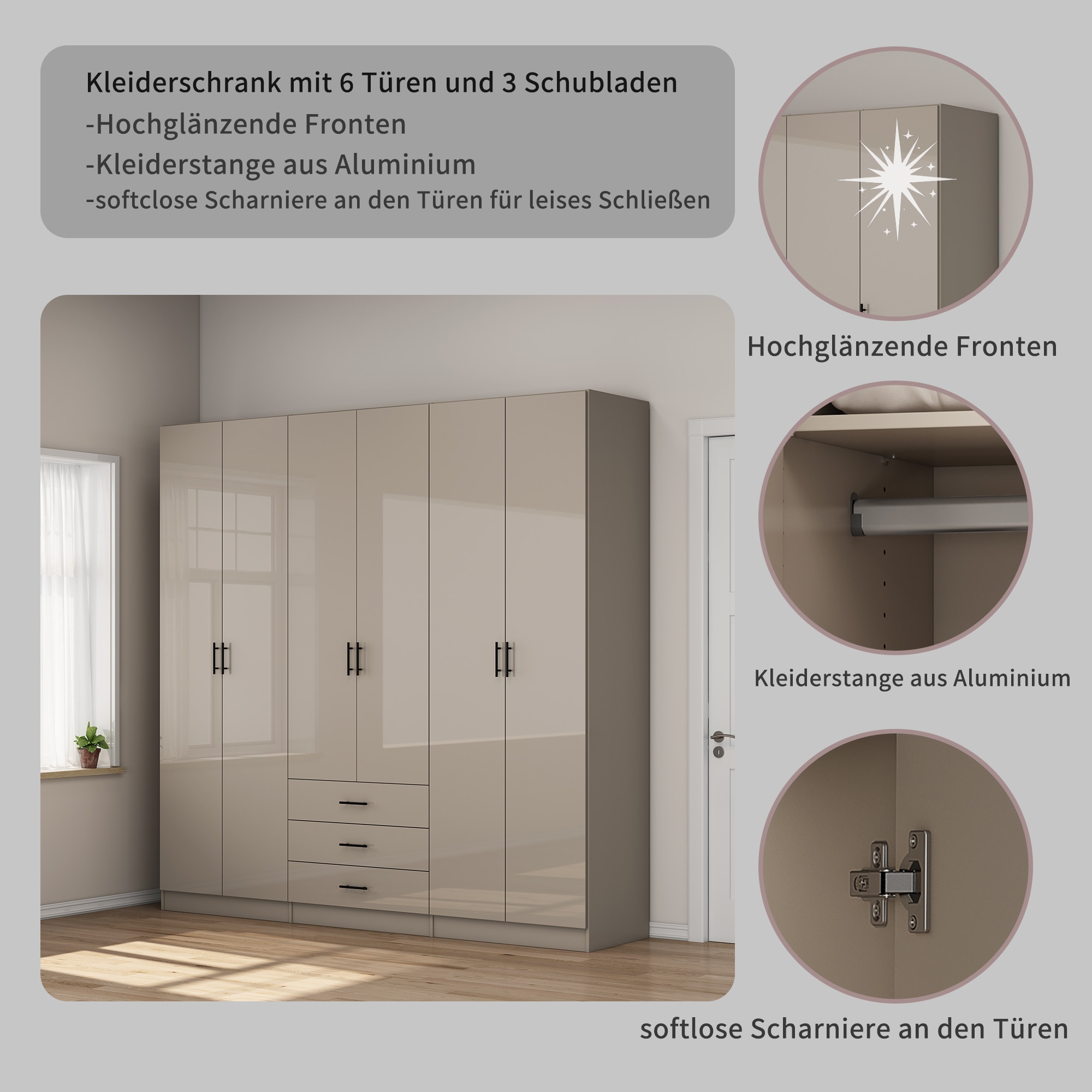 GOODproduct Kleiderschrank »Trento Schlafzimmerschrank Garderobe hochglanz« in 2 unterschiedlichen Schrankhöhen wählbar,  Schrank mit 6 Türen und 3 Schubladen, hochglanz Fronten, Höhe 2,39m
