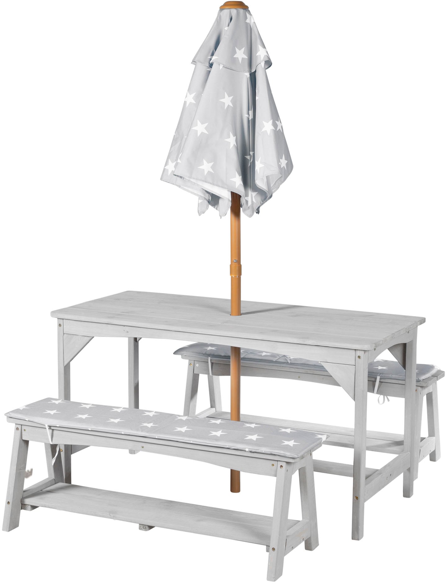 roba® Garten-Kindersitzgruppe »Outdoor+« Set, 3 Stk. tlg. Tisch und 2 Bänke mit Sitzauflage, Schirmset