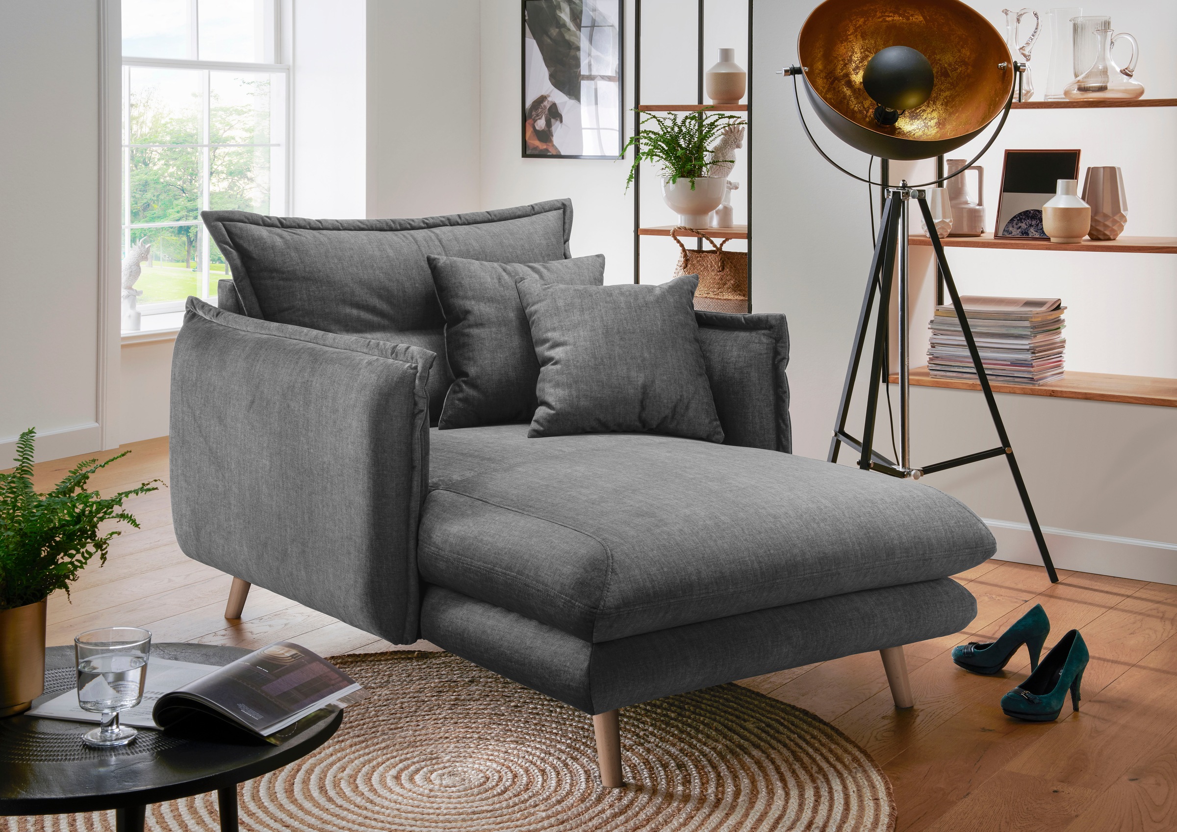 Image of Home affaire Loveseat "Levke, 111 cm breit, Sessel, Holzfuss naturfarben, bequem, bodenfrei" Velours, inkl. Rücken- und Zierkissen