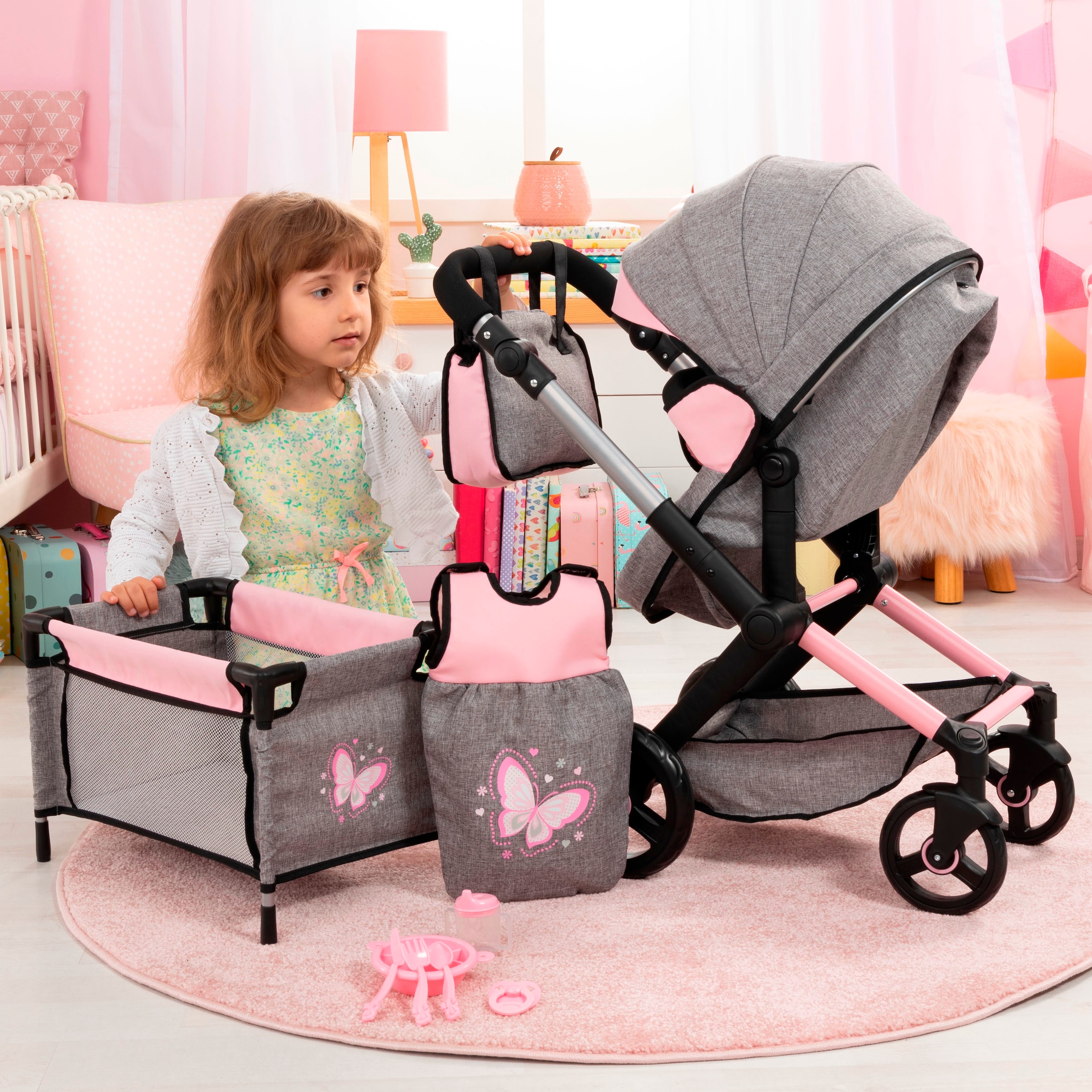 Bayer Kombi-Puppenwagen »Xeo Mega, grau/rosa«