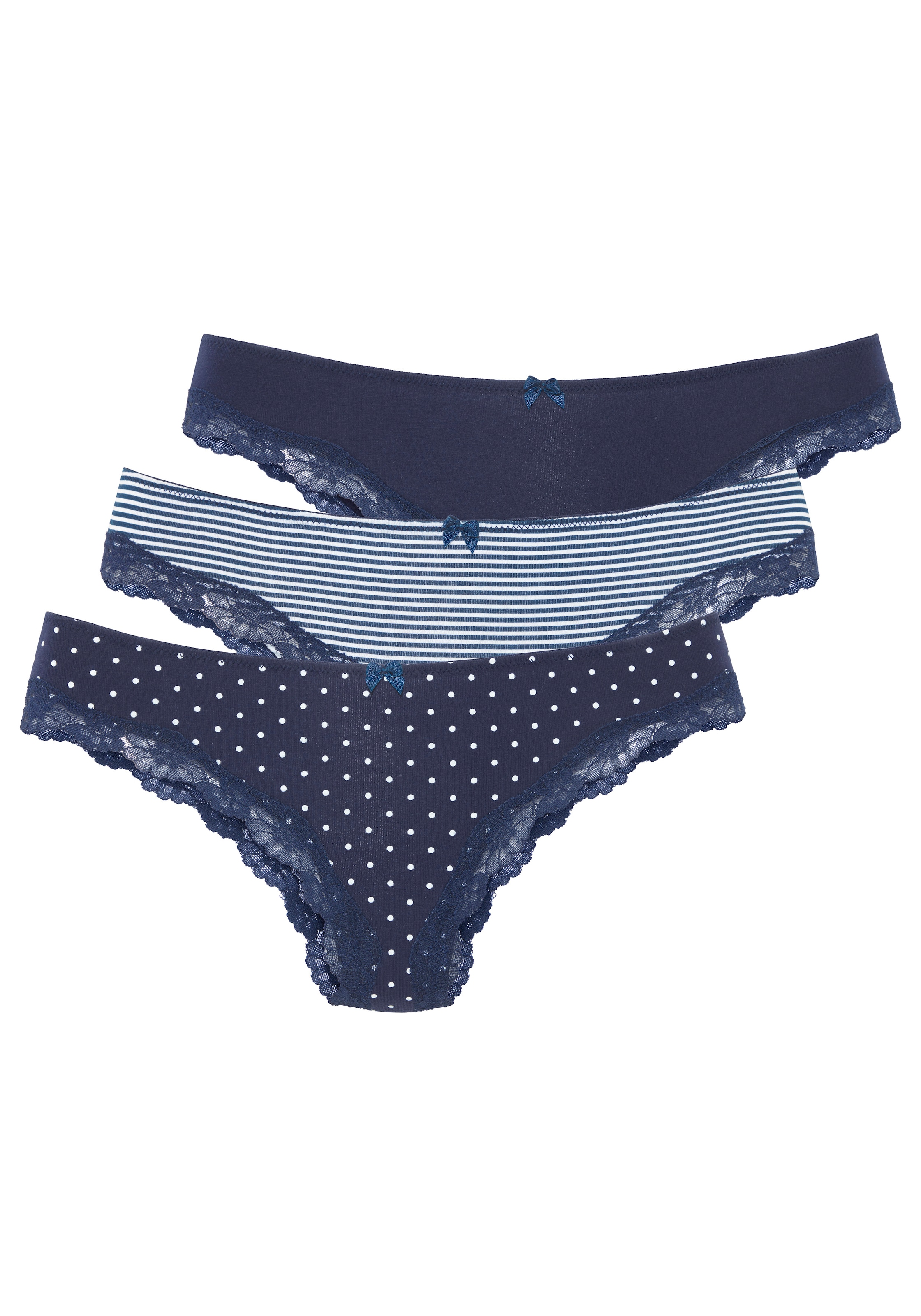 LASCANA Brasilslip 3er-Pack,  aus elastischer Baumwolle mit zarter Spitze