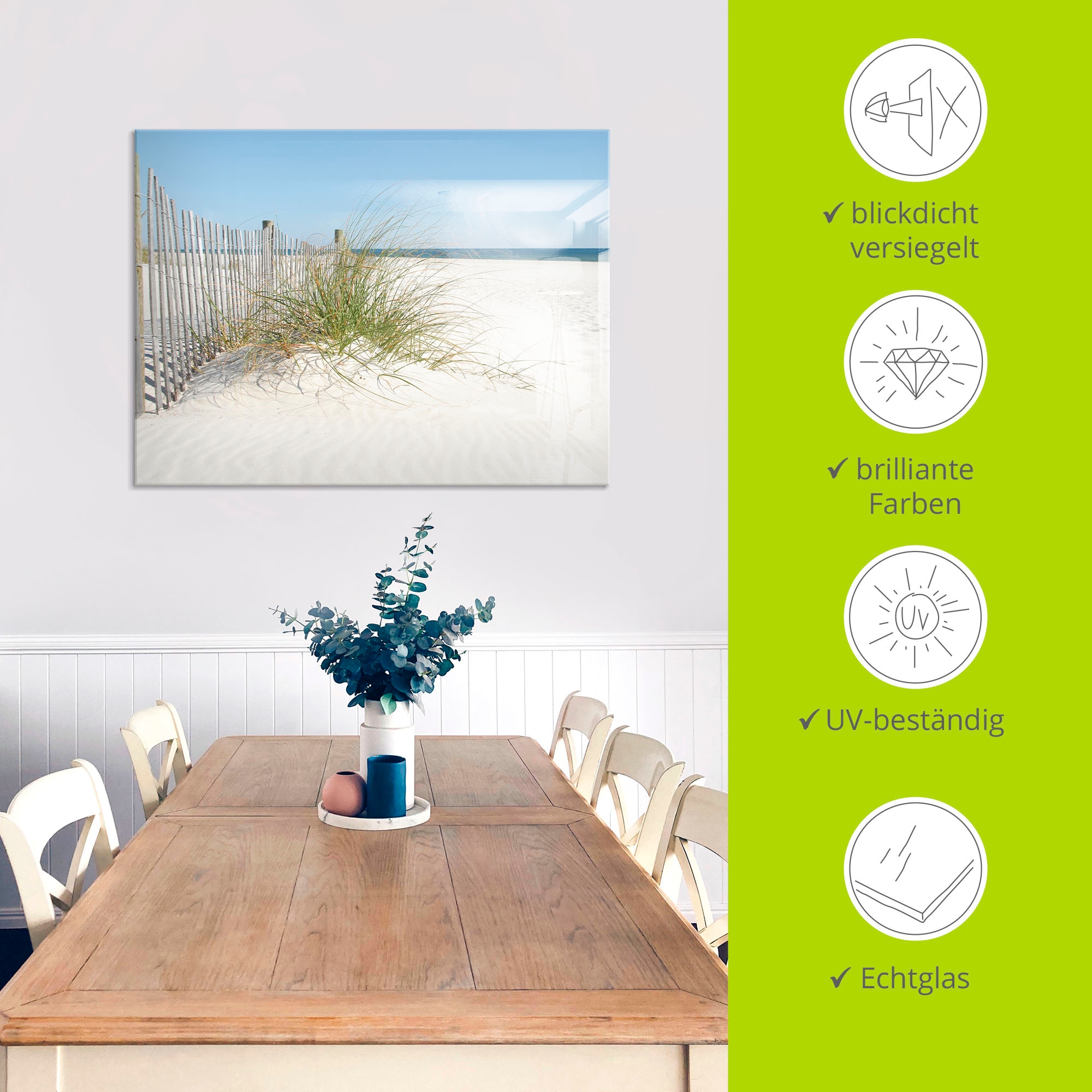 Artland Glasbild »Schöne Sanddüne mit Gräsern und Zaun« Strand 1 Stk. tlg. in verschiedenen Grössen