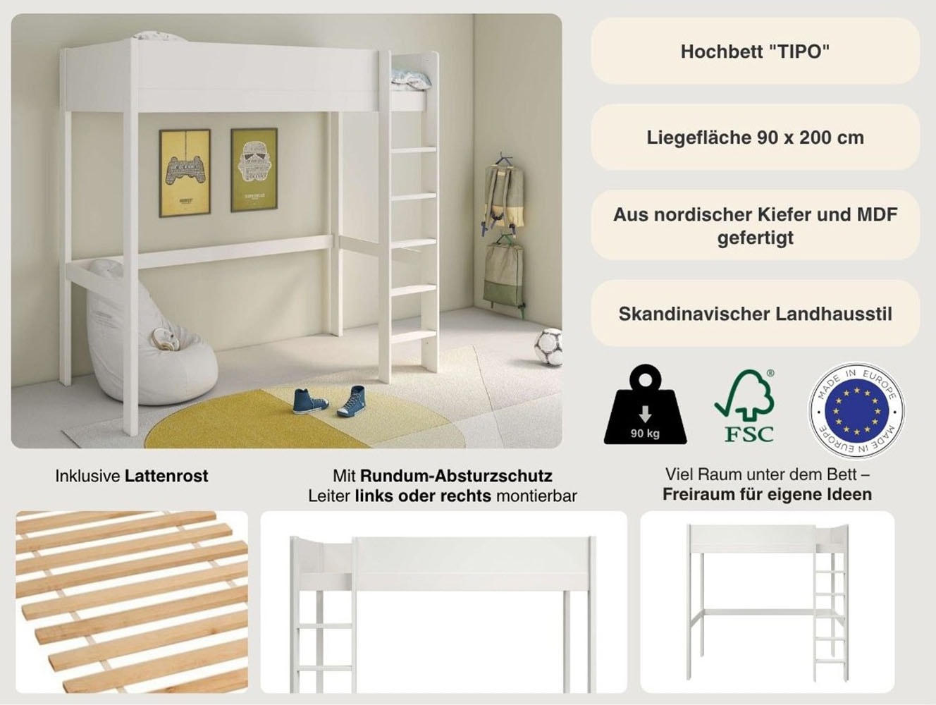 GOODproduct Hochbett »TIPO, Topseller, Kinderbett, Leiter links oder rechts montierbar« B/H/T 200x190x90cm,  FSC® zertifiziertes Massivholz, Rundum-Absturzschutz,