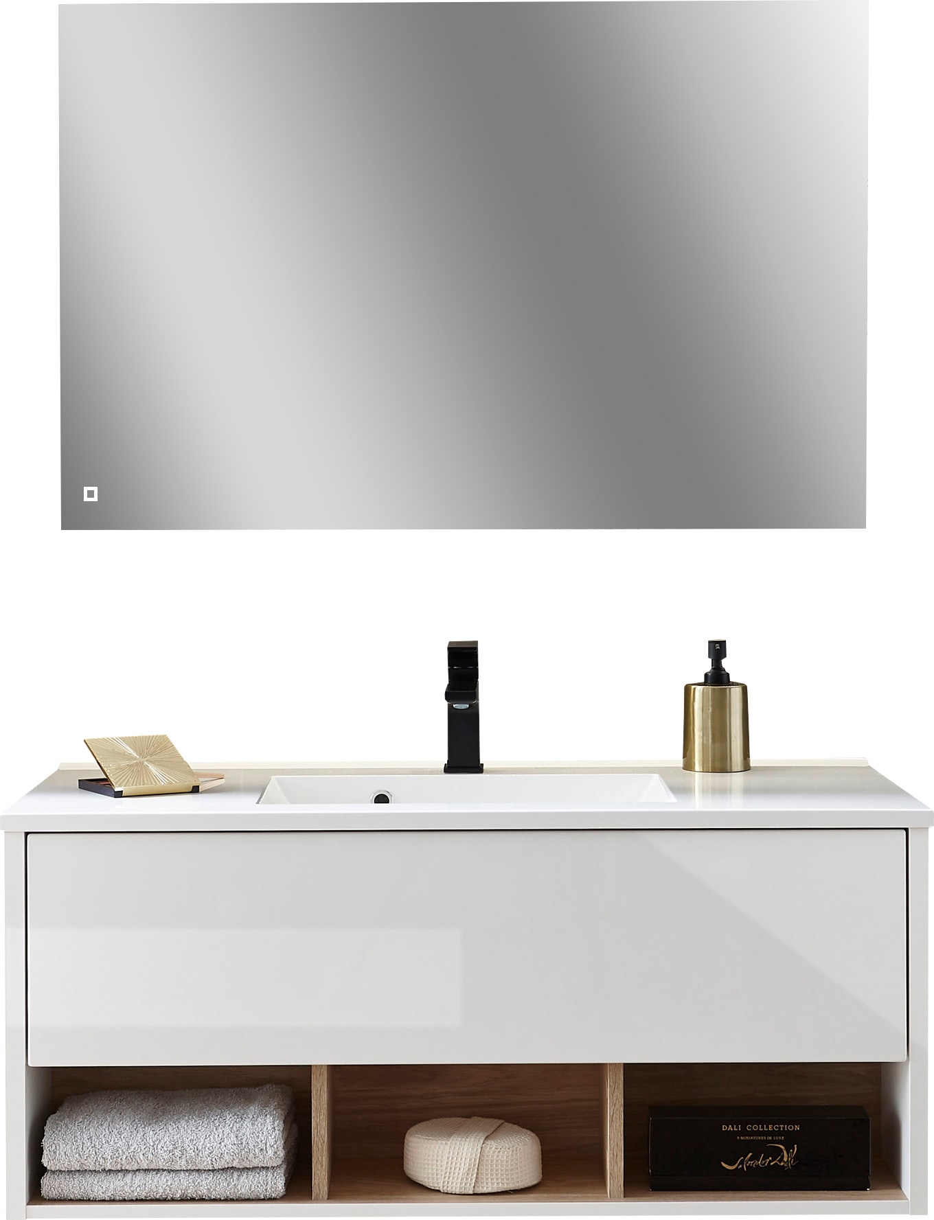 PLACES OF STYLE Badmöbel-Set »Studio Line, Bad im modernen Design, 2-teiliges Badezimmer« in 2 Farben und 2 Spiegelformen lieferbar, 2 Stk. tlg.