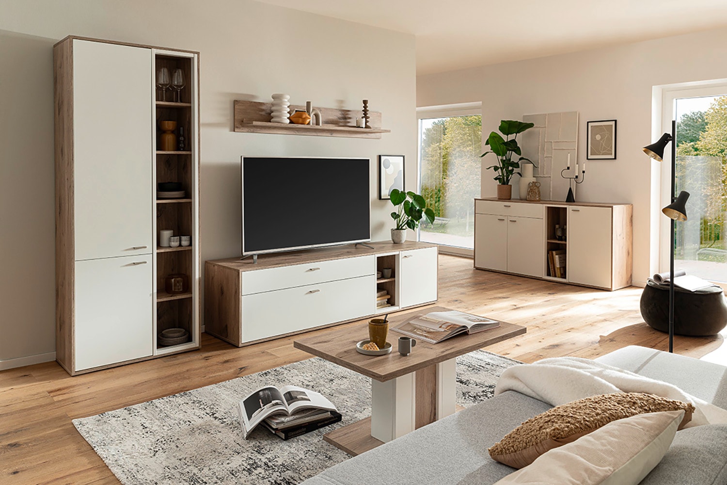 MCA furniture Table basse »SANTERNO Couchtisch mit Säule« 1 cuis tlg. Tisch, Soft White/Viking Oak, mit Säule, belastbar 50kg, Breite 95 cm