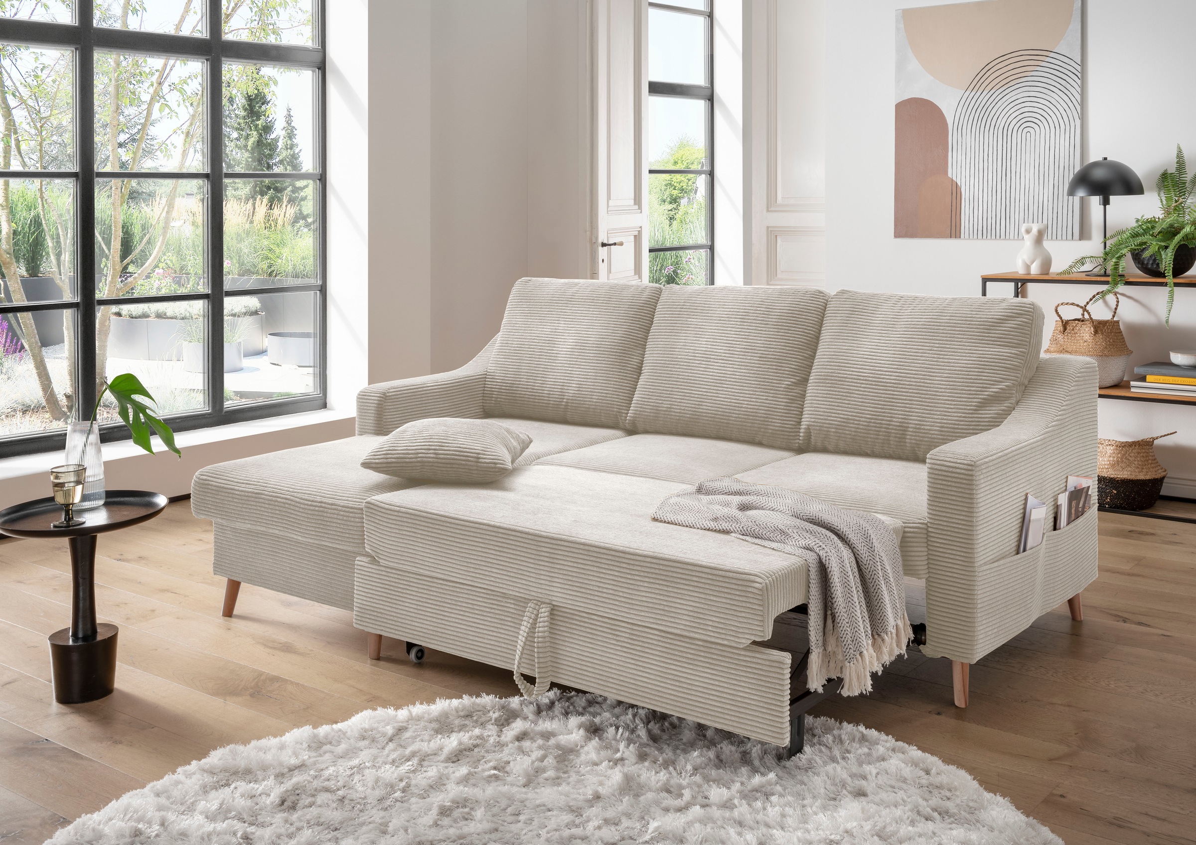 INOSIGN Ecksofa »Valentina L-Form«, 2 Zierkissen, mit Seitentasche, ausziehbarer Liegefläche, Bettkasten