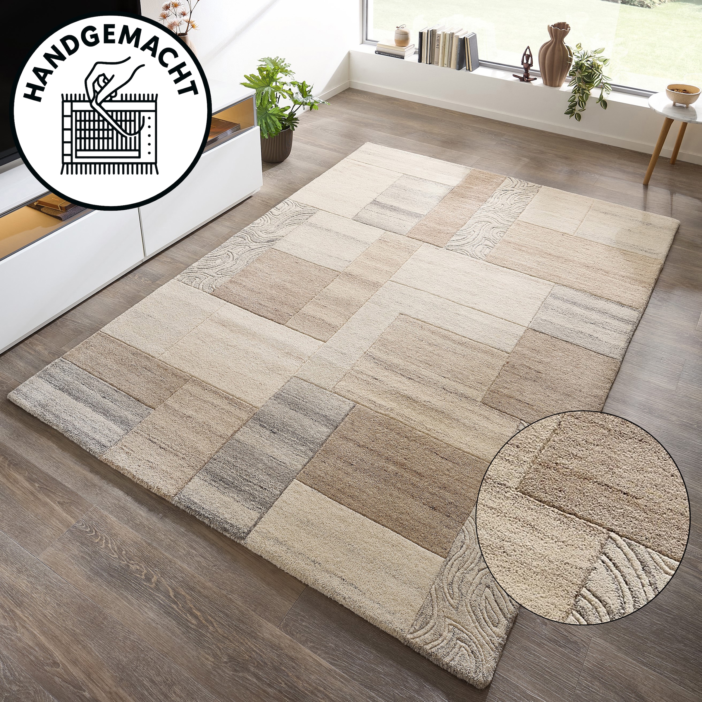 Image of THEKO Wollteppich "Lola, Wolle, handgearbeitet, Patchwork Design, handgetuftet" rechteckig 12 mm Höhe Wohnzimmer, Schlafzimmer, Esszimmer, auch als Läufer und rund