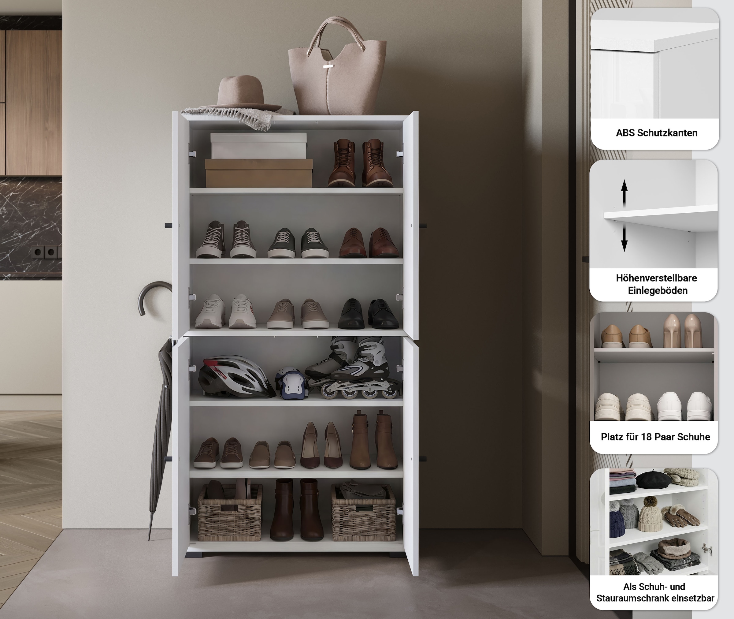 Home affaire Armoire à chaussures »Schuhkommode Dino« espace de rangement avec 4 portes et étagères réglables, largeur 70 cm