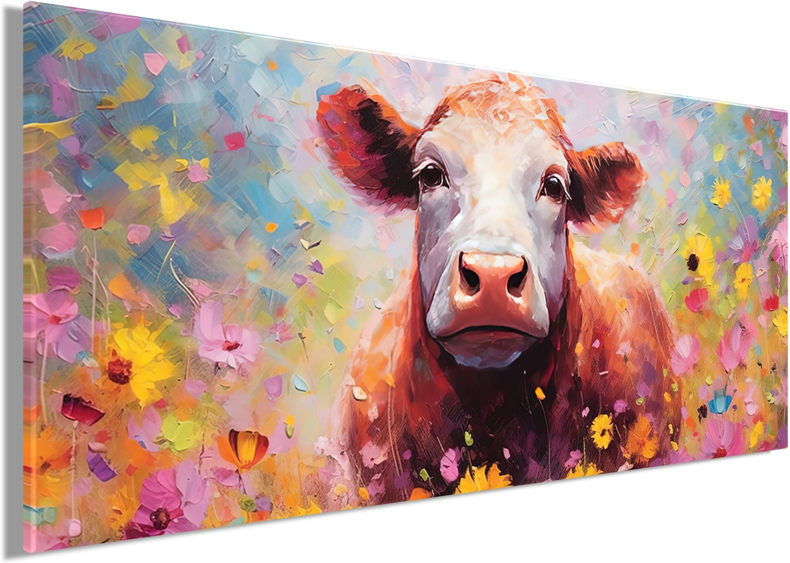 Bönninghoff Leinwandbild »Wandbild KUH MIT BLUMEN XXL 90x200 cm – Leinwandbild Keilrahmen Deko« Blumen | Blumenbilder | Kuh | Kuhbilder | Kühe | Tiere 1 Stk. tlg. auf Keilrahmen gespannt