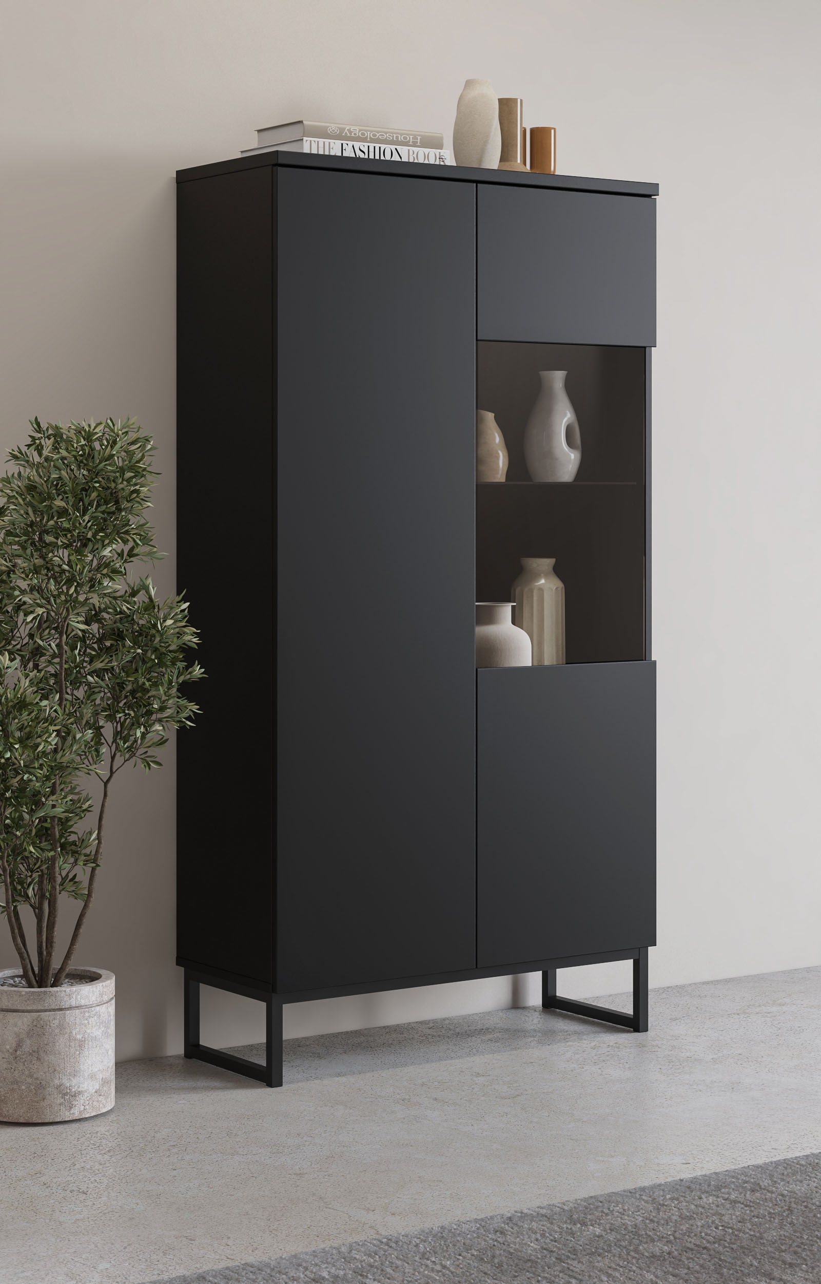 GOODproduct Vitrine »Modo II, Breite 80 cm, moderner griffloser Vitrineschrank« Vitrine viel Stauraum, Einlegeböden verstellbar, Glastür, Metallkufen