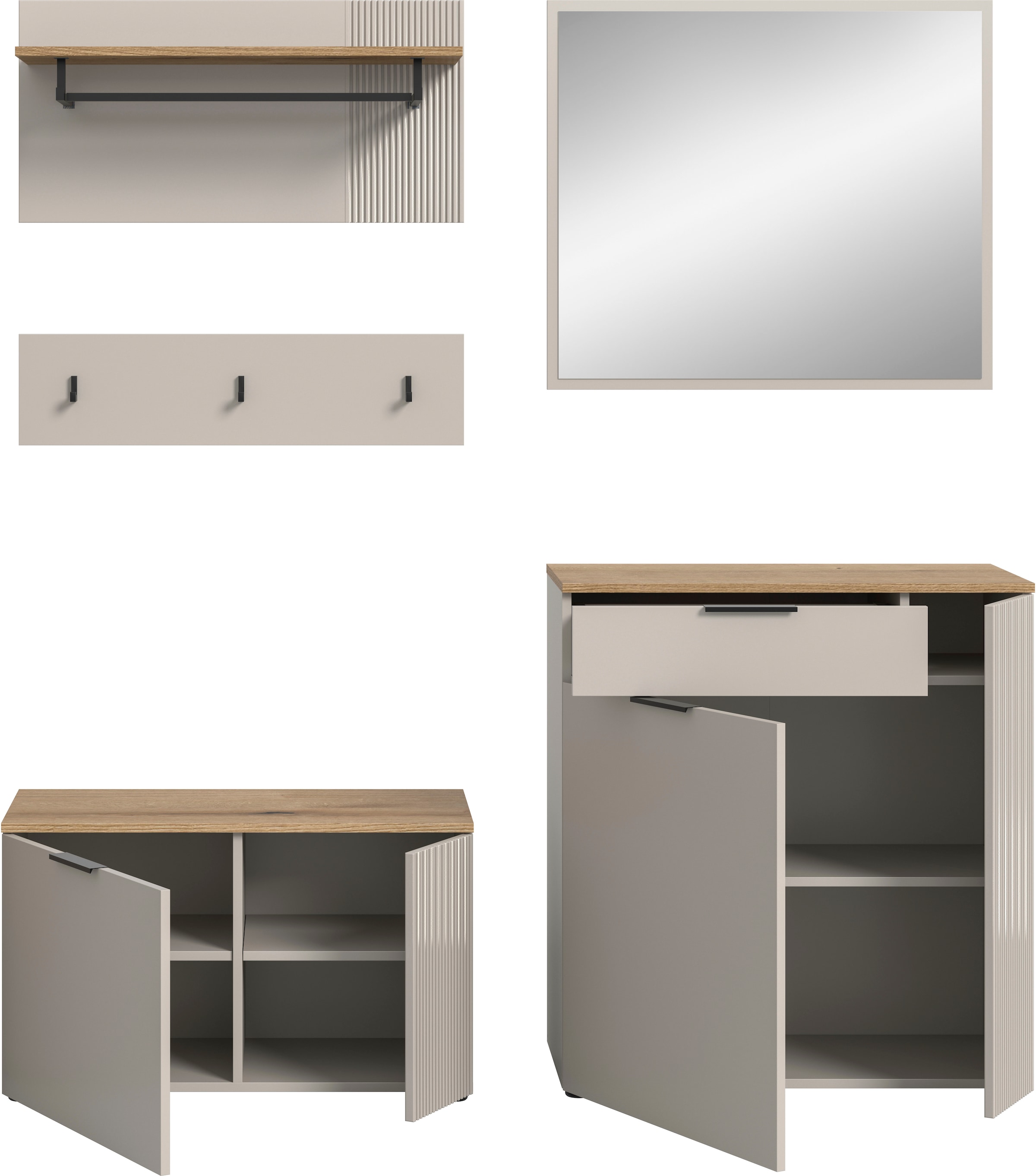 Home affaire Garderoben-Set »EDIL, Breite 175 cm, 5-teilig, Front mit hochwertiger Längstfräsung« Set, best. aus: Sitzbank, Paneel, Hakenleiste, Kommode & Spiegel, 4 Stk. tlg.