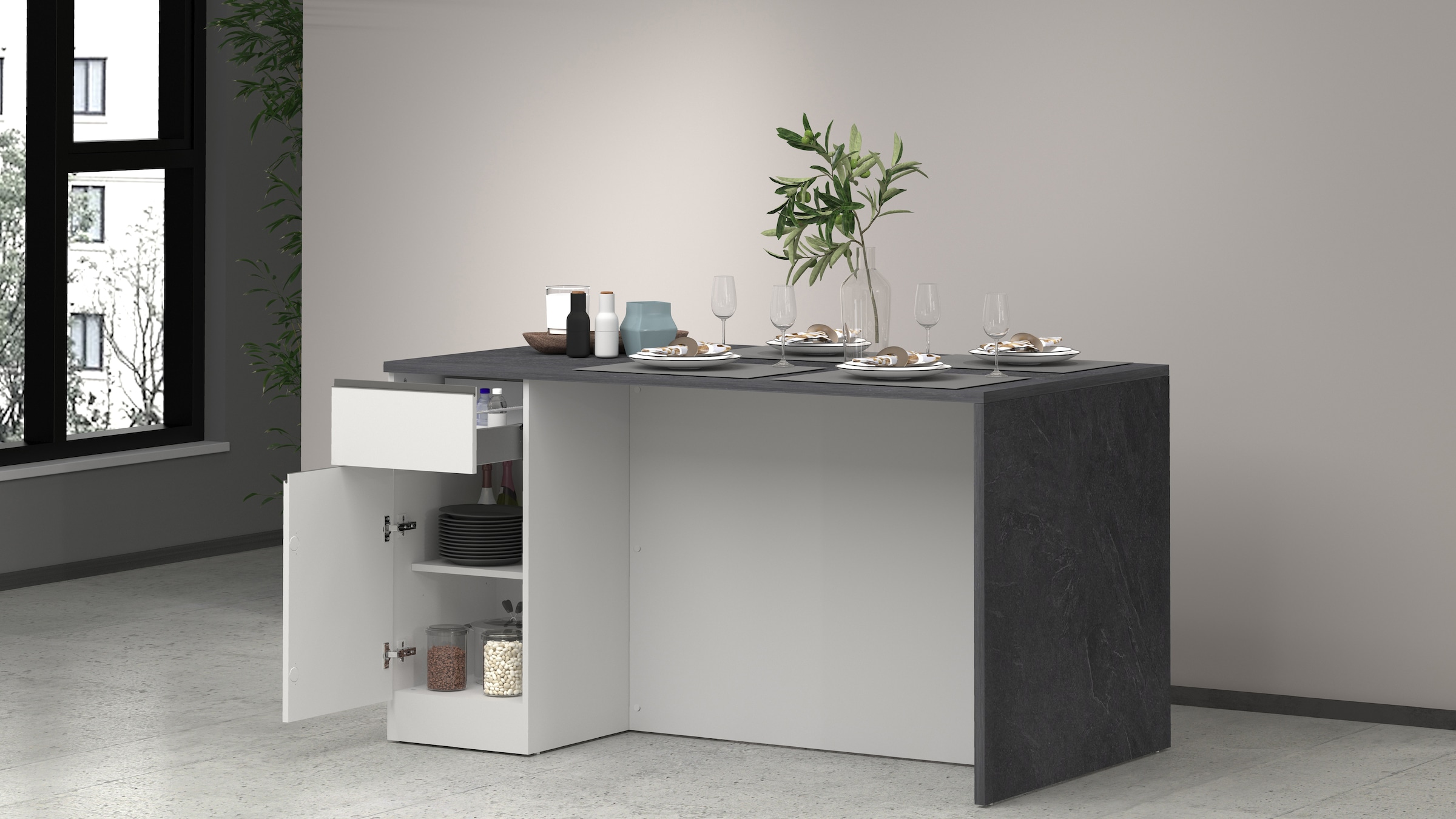 KOCHSTATION Ilot de cuisine »Sole,Kochinsel,Küchenarbeitsblock,Inselküche,Arbeitsinsel« Breite 160 cm mit 2 Türen,2 Schubkästen, Aluminiumgriff