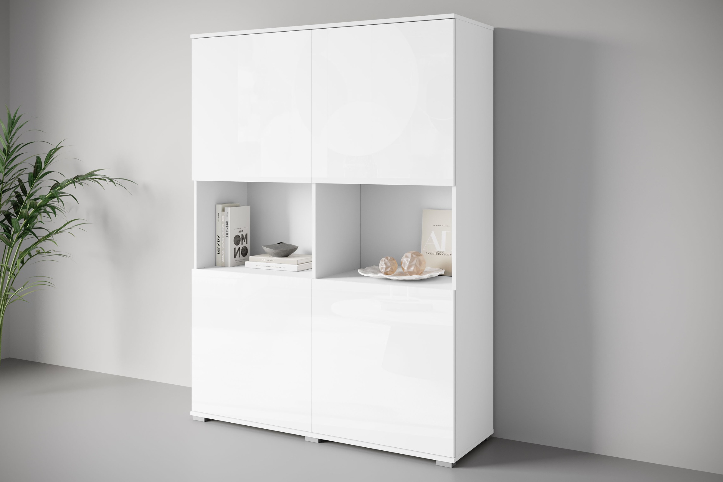 Image of GOODproduct Highboard "Kenia Schrank, 120 cm breit, mit 4 Türen und 2 offenen Fächern" 1 Stk. tlg. Griffloses Design mit Push-to-Open und verstellbaren Einlegeböden