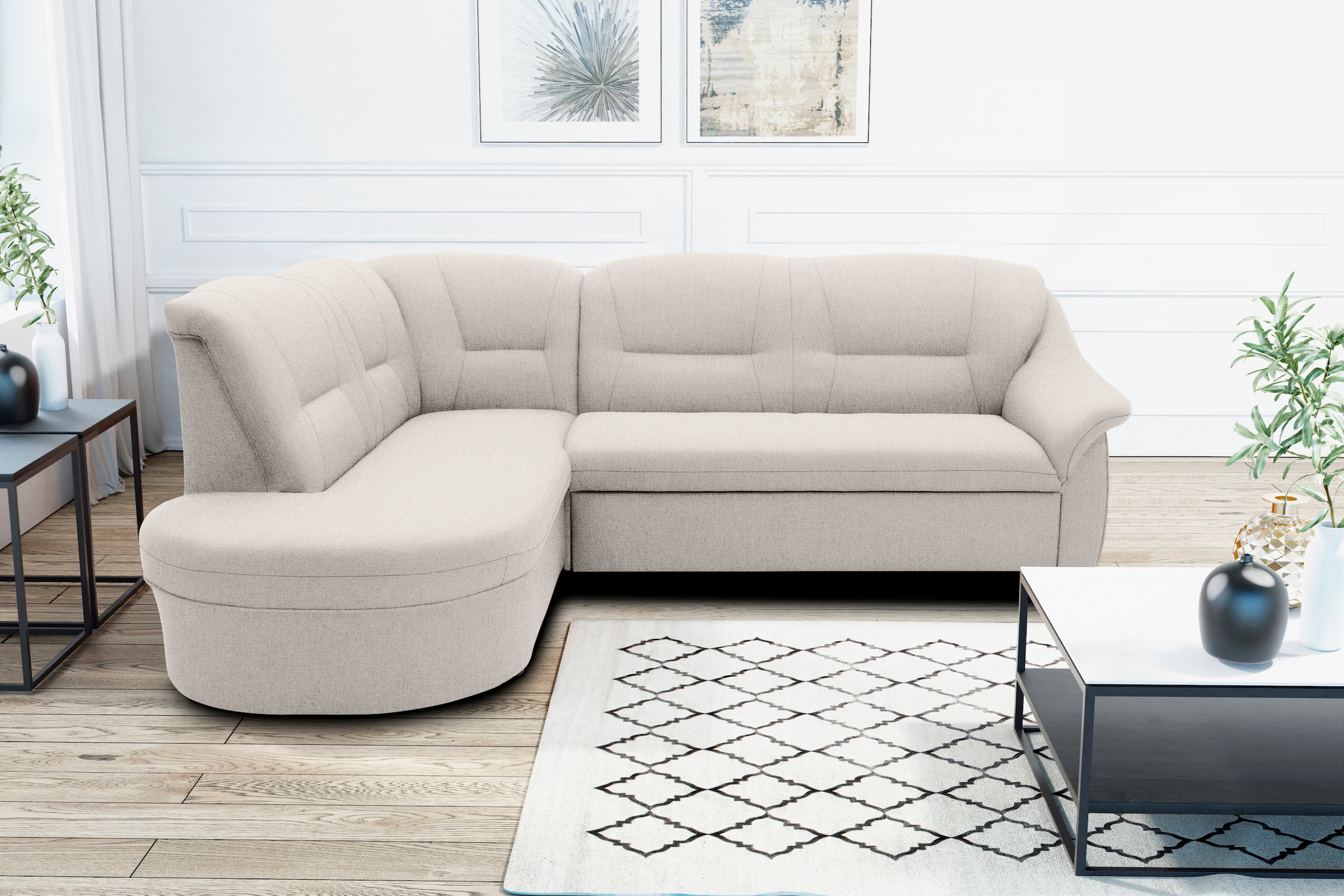 DOMO collection Ecksofa »Faenza für kleine Räume, Stellmasse 232,176cm, komfortabel, L-Form«, mit Ottomane, zeitlos, elegante Armlehnen, wahlweise mit Bettfunktion